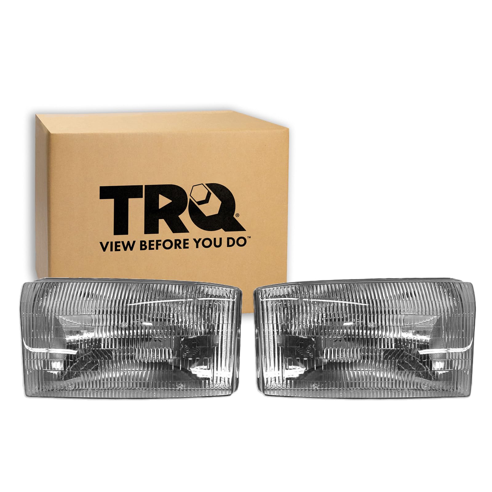 TRQ 2 Piece Headlight Assembly Set Chrome Bezel Driver &amp; Passenger Side Compatible with Ford Excursion 2000-2004 F250 F350 Super Duty 1999-2004 F450 F550 1999-2003 FO2502147 FO2503147