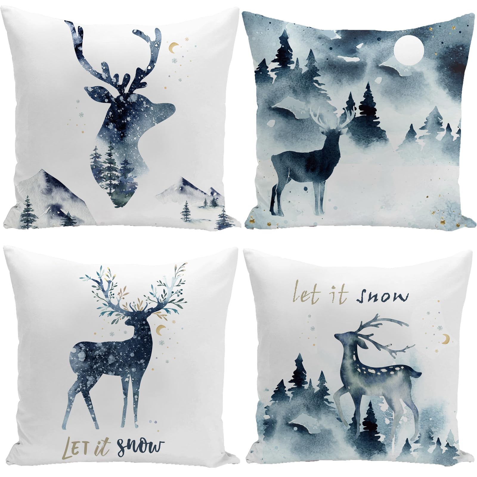 Kunqian F1 Christmas Cushion Covers Xmas Decorations Stag Navy Blue White Throw Pillow Cover 18X18 Inch Set Of 4 Decor For Sofa Living Room Home 45X45cm