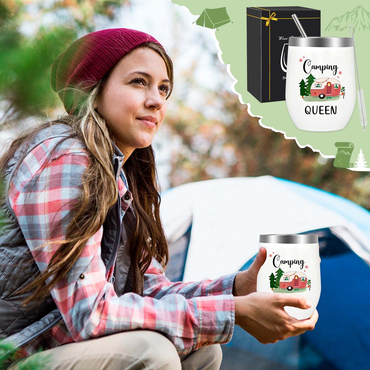 Camping Tasse für Frauen, Camping Queen Kaffeebecher, Camper Geschenke - Weinbecher Edelstahl mit Deckel, Stroh und Strohhalmpinsel, Geschenk für Beste Freundin Schwester Womo-Bewohner