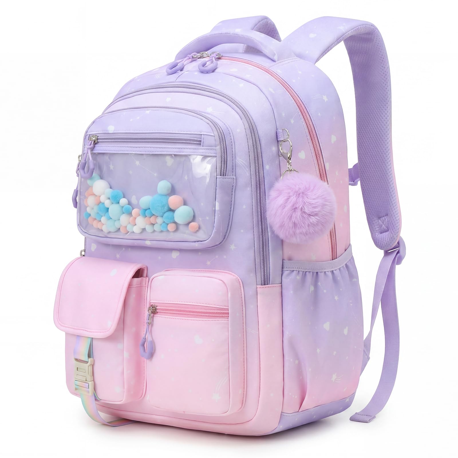 Amythe Mochila para Niñas, Mochila Escolar Niña Ergonómica con Rayas Reflexivas, Mochila Primaria Infantil de Ocio con Lindo pompón para Escuela y Viajes, 20L, Rosa-Violeta