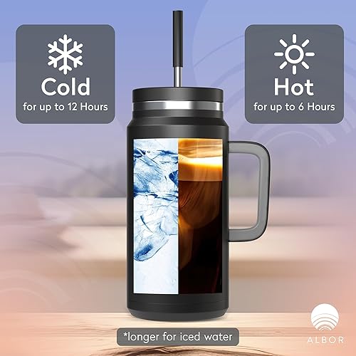Miniatura 3 de ALBOR Vaso de 50 onzas con tapa y popote, vaso aislado de acero inoxidable duradero con asa, a prueba de fugas, botellas de agua a prueba de