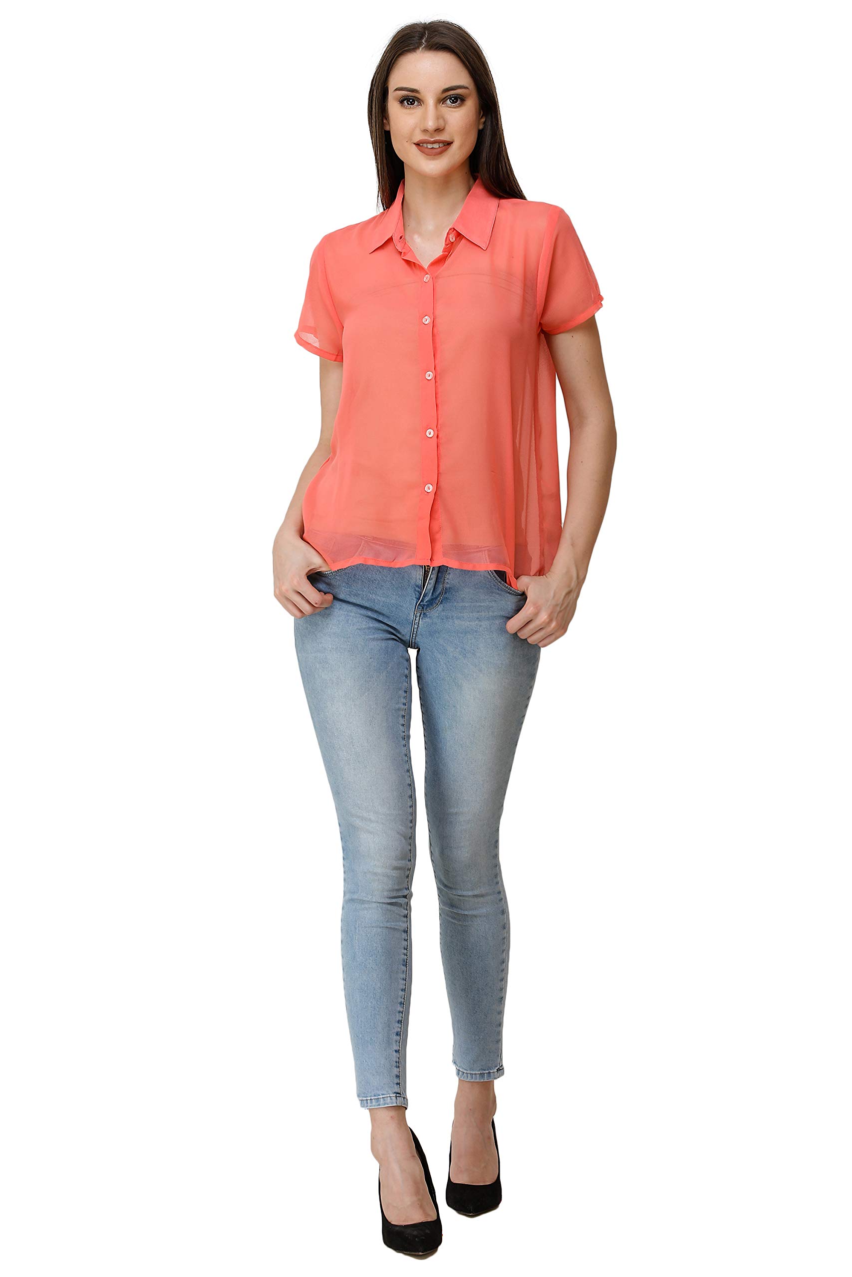 ADIRAVWomen Crepe Georgette Button Down Shirt/Top (Rose)