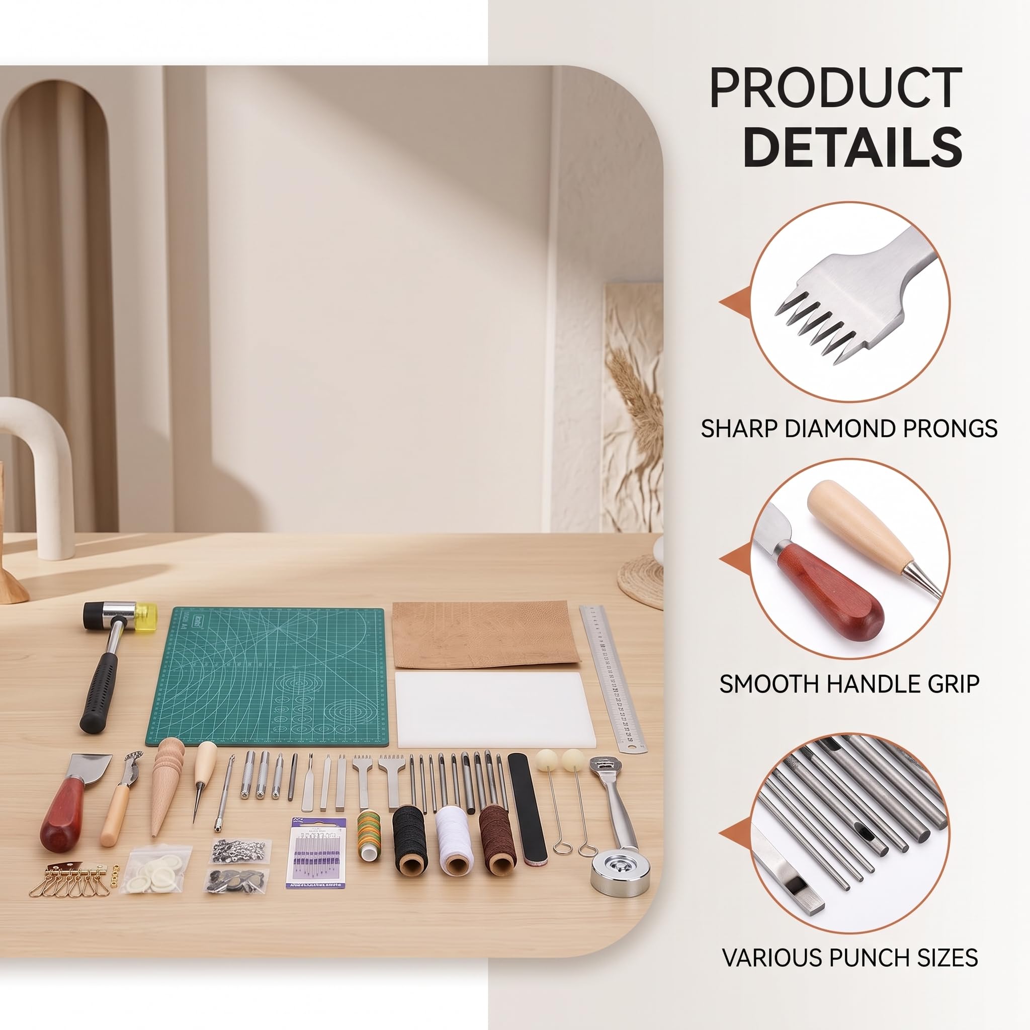 Phefop Set di 42 Strumenti per Artigianato in Pelle Kit per Lavorazione della Pelle Strumenti per Cucitura in Fai-da-te con 42 Utensili Manuali per Cucire Tela in Tessuto di