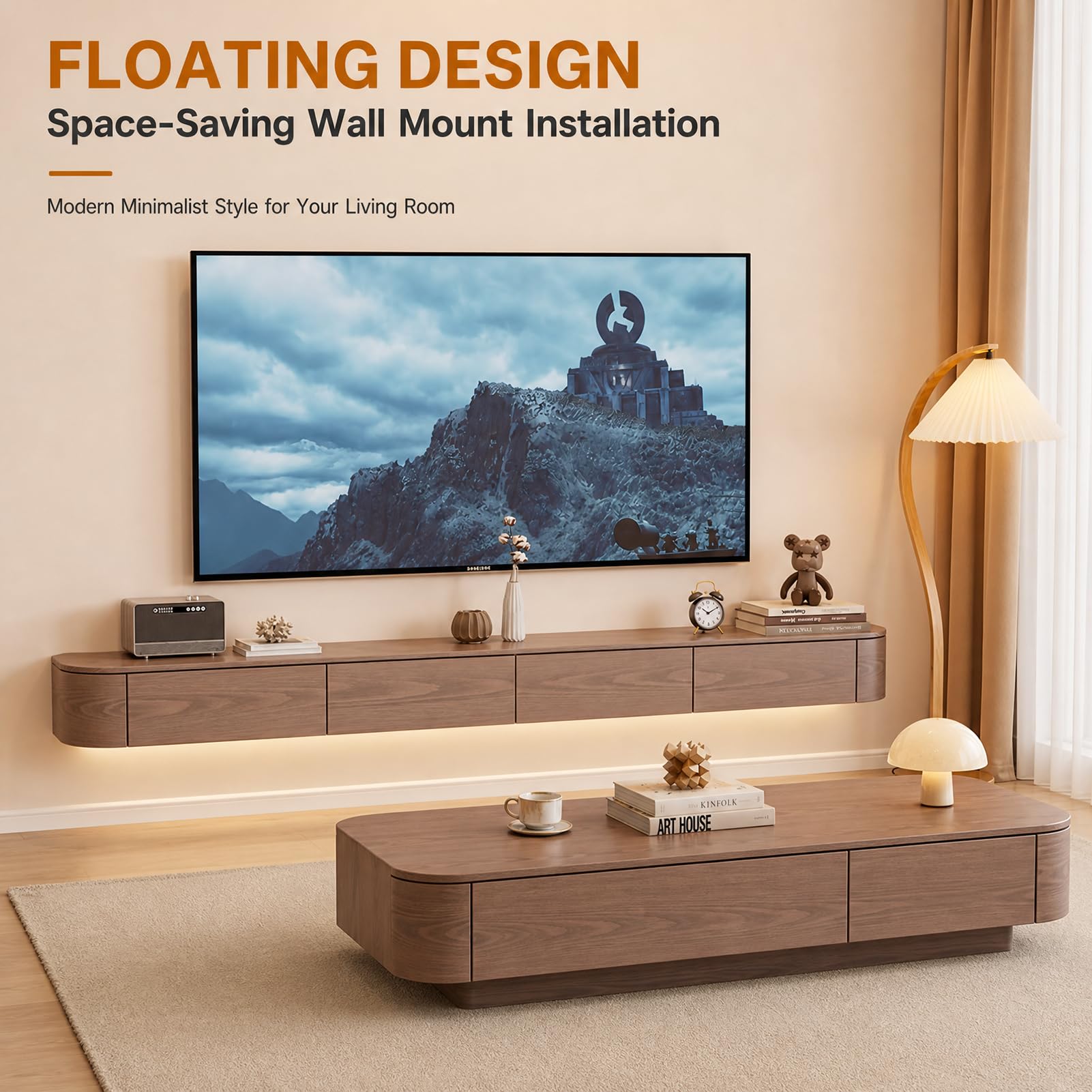 TV Lowboard hängend Braun 240 cm lang, Breite 30 cm – fertig montierter TV Schrank zur Wandmontage mit 2 Schubladen & 2 Türen, 2 seitlich öffnendes Seitenfach, für Wohnzimmer & Schlafzimmer