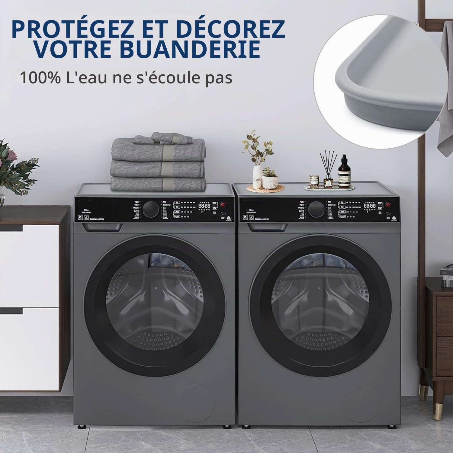 60x60 Housse de machine à laver, tapis antidérapant en silicone pour machine à laver et sèche-linge, coussin de machine à laver pour buanderie, plan de travail de cuisine（Gris）