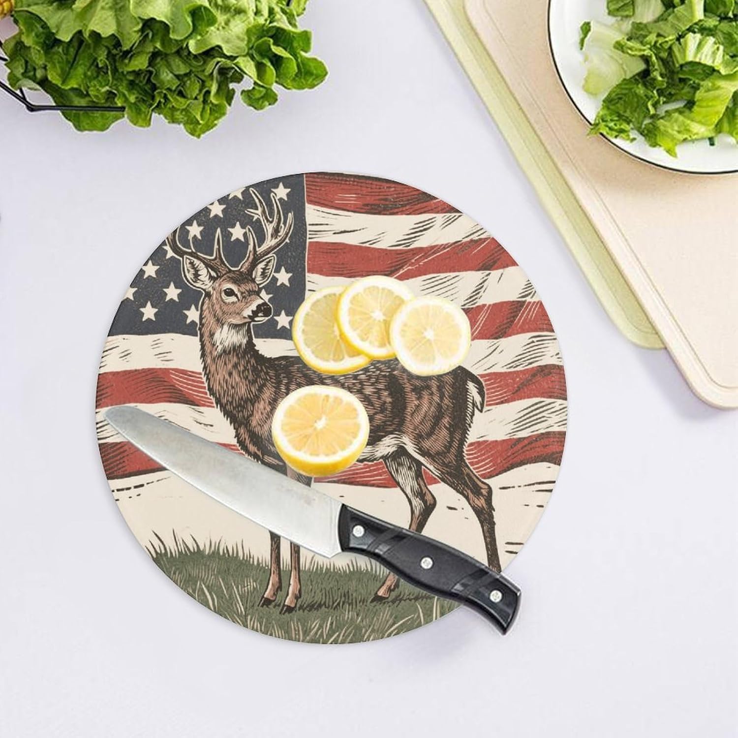 Deer American Flag Chopping Block Tempered Glass Cutting Board Mats Round Countertop Cutting Boards Small Charcuterie Boards Bar Cheese Board Snack Tray