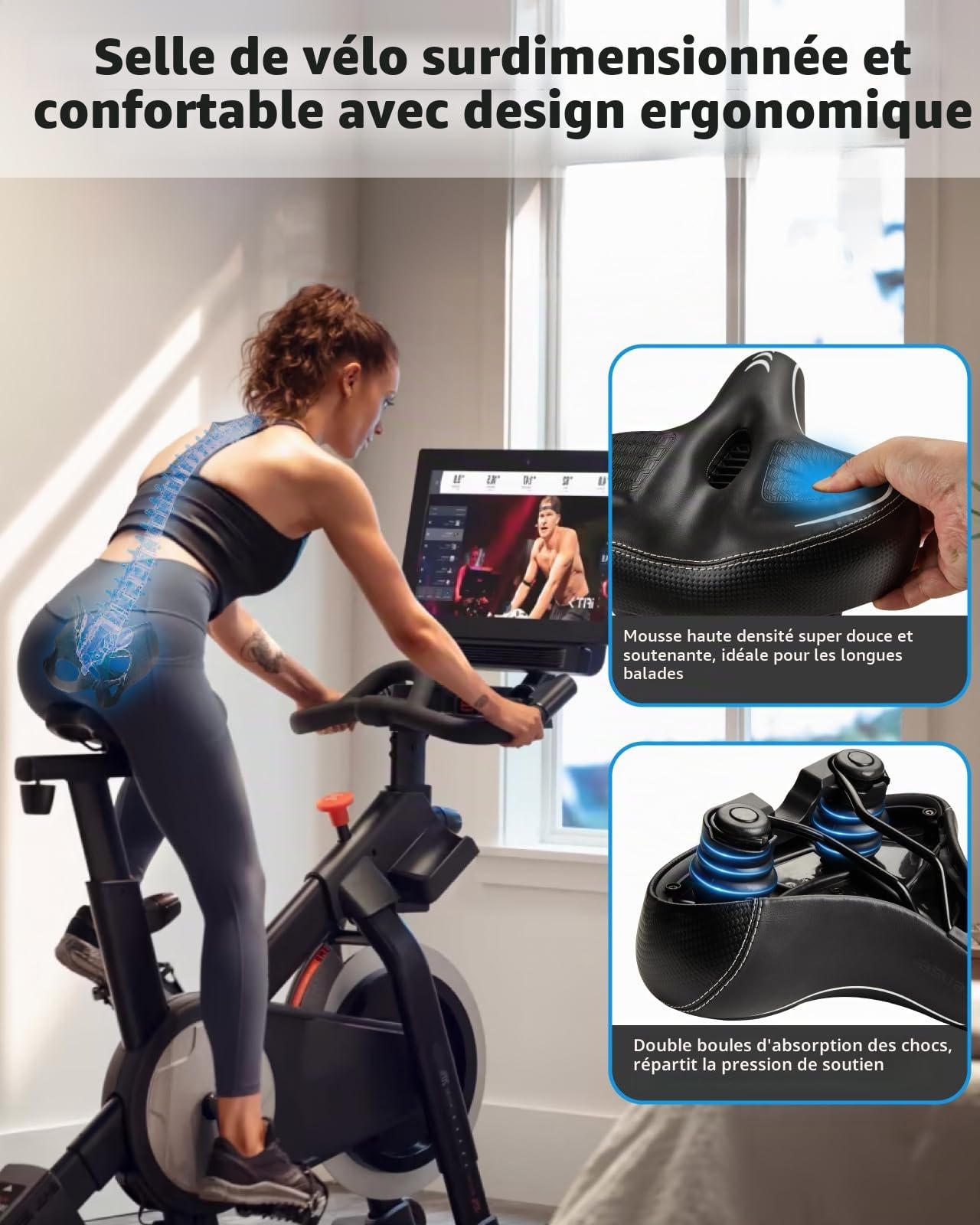 Fitense Selle de vélo surdimensionnée pour Peloton Bike & Bike+, coussin de siège confortable compatible avec Peloton, vélos de route ou d'appartement, large selle de rechange pour homme et femme,