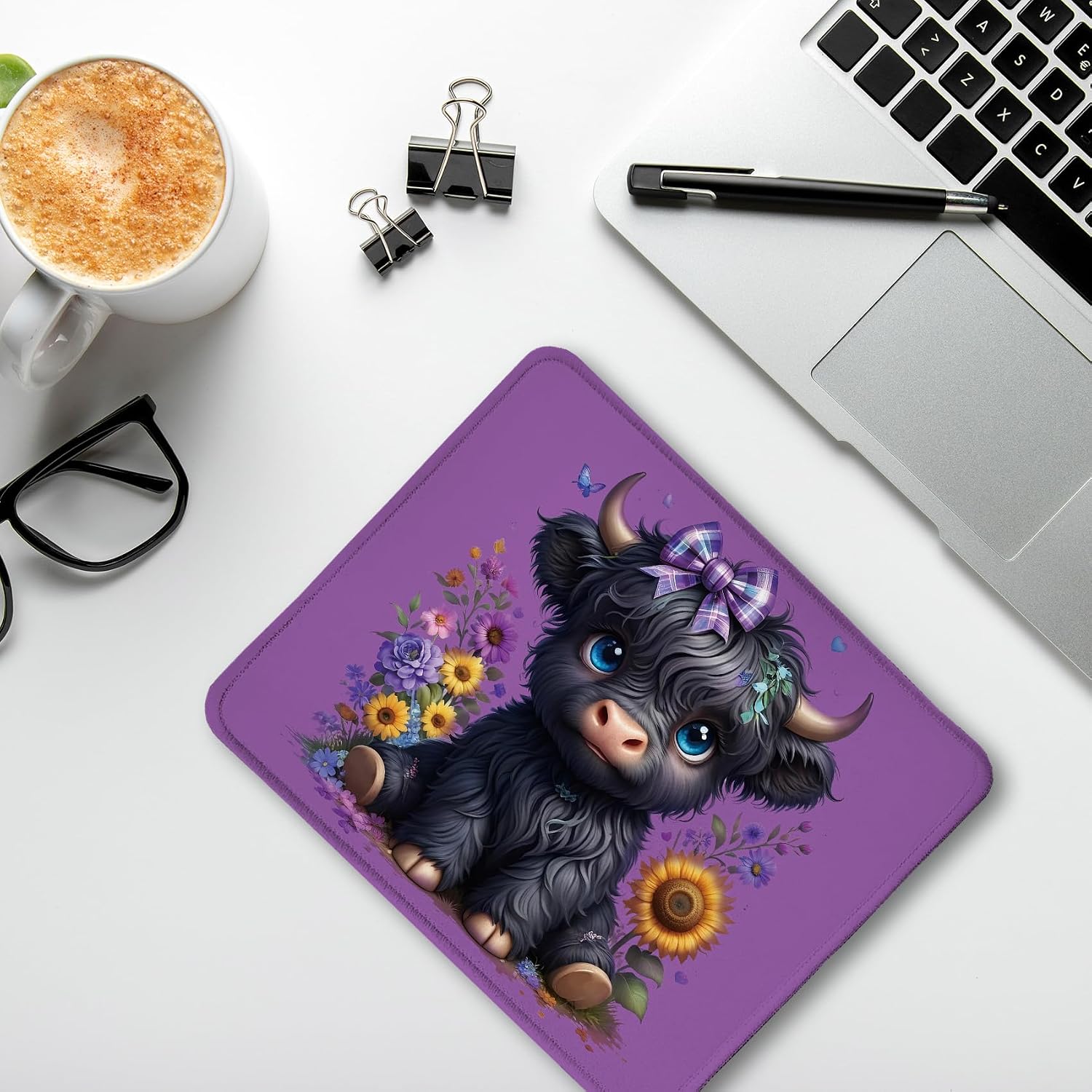 Sunflower Black Highland Cow Mouse Pad, Cute Baby Highland Cow Purple Mouse Pads Mousepad for Work Gaming Computers Laptop Desk Accessories, 9.5x7.9 Inch image 4