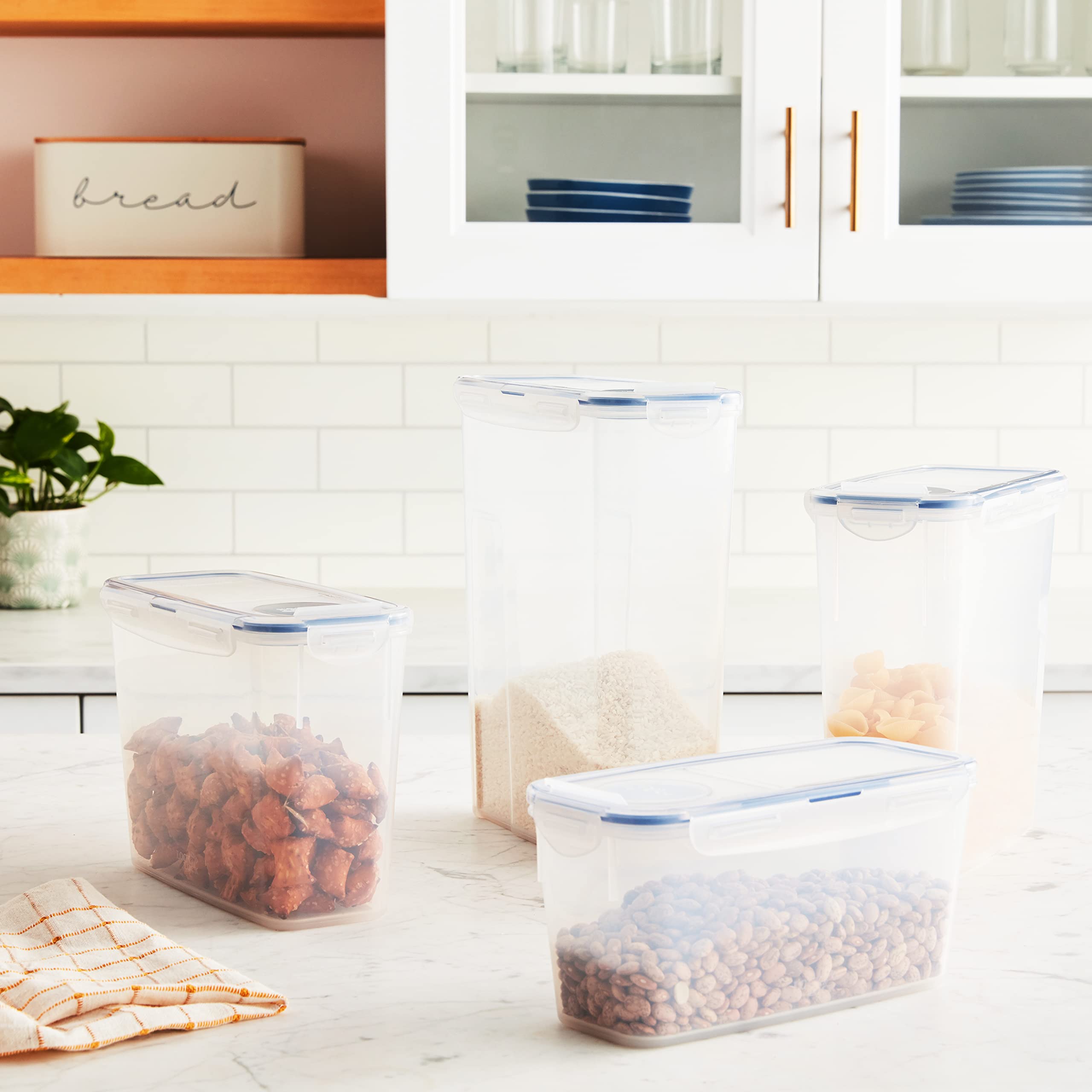 LocknLock Easy Essentials - Set di 8 contenitori per alimenti, per pasta, farina, zucchero, coperchi ermetici, senza BPA, lavabili in lavastoviglie, trasparenti