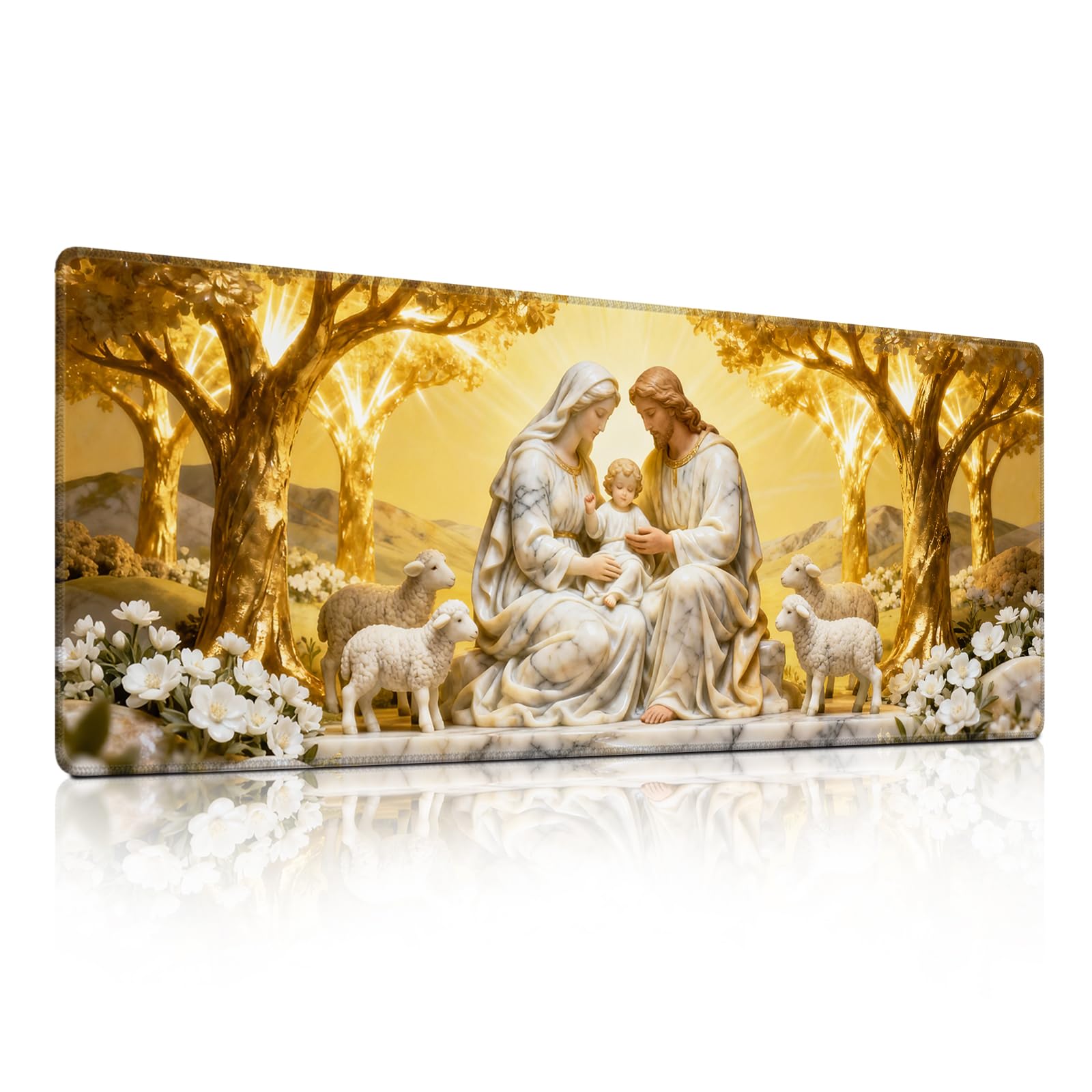 Ethereal Holy Family Mouse Pad, Serene Jesus Mary &amp; Lamb Desk Mat - Large Mousepad Non-Slip Christian Office Decor for PC &amp; Laptop - 31.5"x11.8" x 3mm
