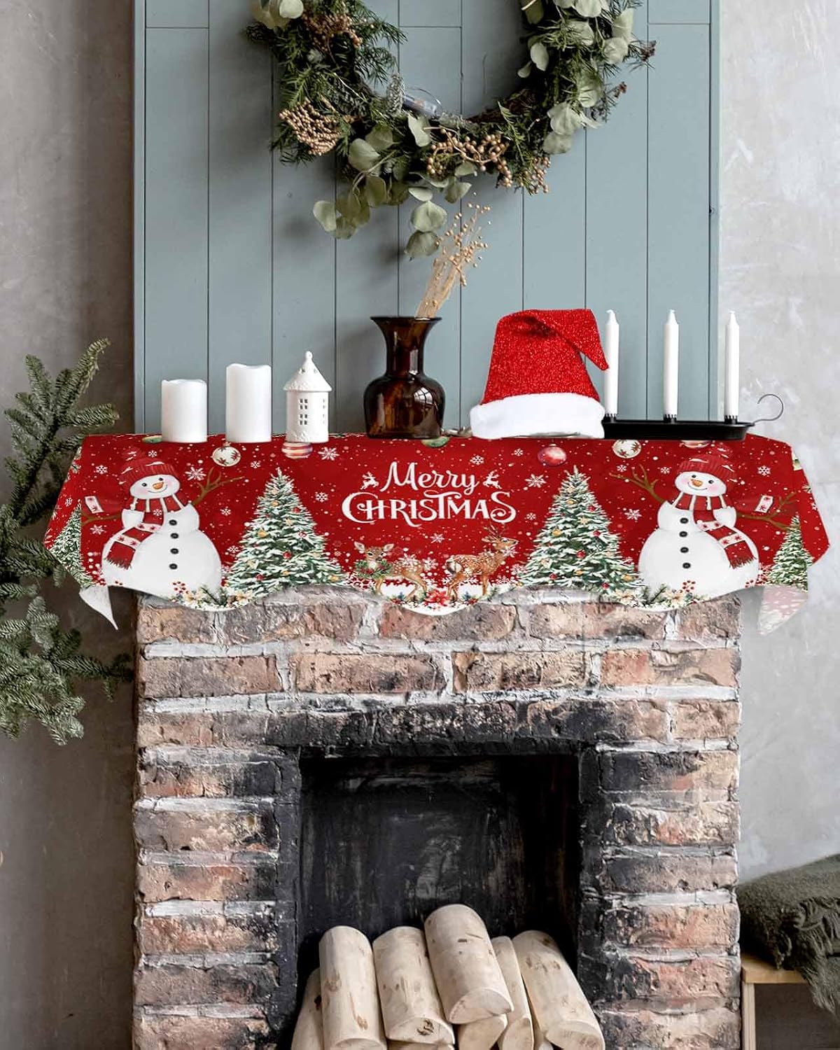 Merry Christmas Red Mantel Scarf for Fireplace Winter Snowman Elk Mantel Cover Christmas Tree Xmas Balls Fireplace Top Scarf Runner for Holiday Living Room Home Decor 70 x 17 Inches