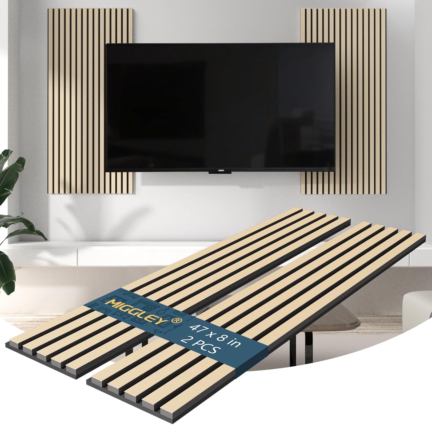 Acoustic Wood Wall Panels, Slat Wall Paneling for Home Living Room Decor, Soundproof Sound Dampening Absorbing Noise Reducing 3D Accent Panel-47.2 inch, White Oak 2PCS - 47 * 8 inch White Oak