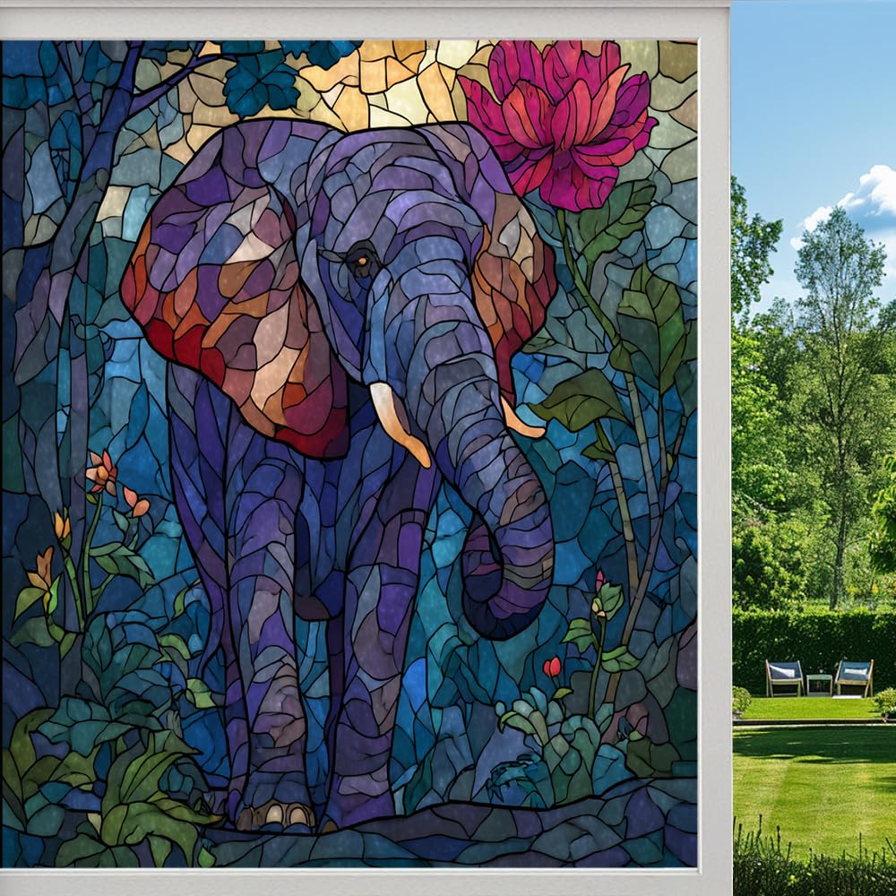 Nature Elephant Privacy Window Film, Tropical Colorful Animals Frosted Self-Adhesive Vinyl Cling for Glass Doors Bathroom Windows Sun Blocking Heat Control, （90x140cm）