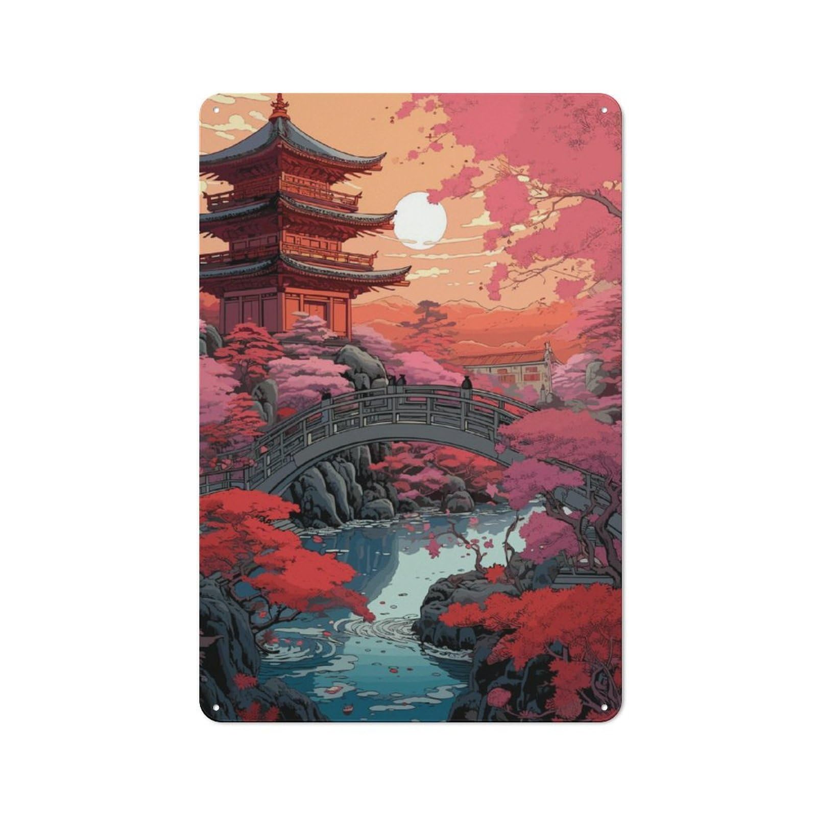 Junmoney Japanese Anime Garden Sunset Rustic Tin Wall Plaque 30X20cm For Living Room Wall, For Kitchen, Dining Room And Home Bar Wall Decor