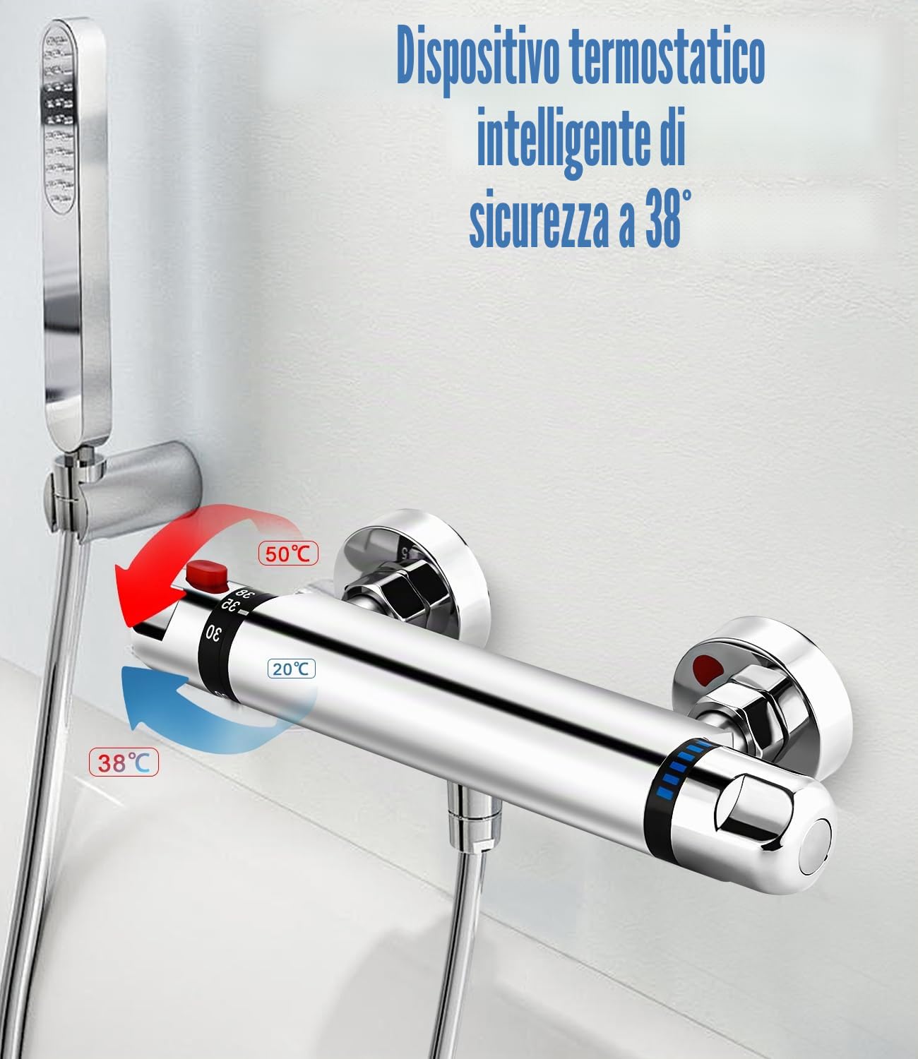 Rubinetto per doccia con termostato, miscelatore termostatico, termostatico, doccia a parete, con pulsante di sicurezza a 38 °C, miscelatore termostatico, rubinetto doccia in ottone