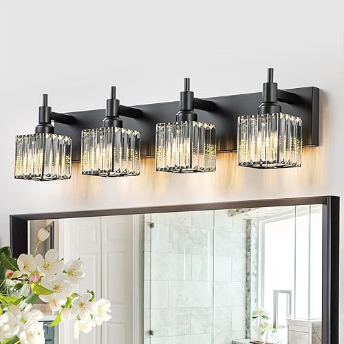 Miniatura 31 de Moderna lámpara de tocador de baño de cristal de 3 luces de latón para pared, sobre espejo, iluminación de tocador negra y dorada para baño, Sombra