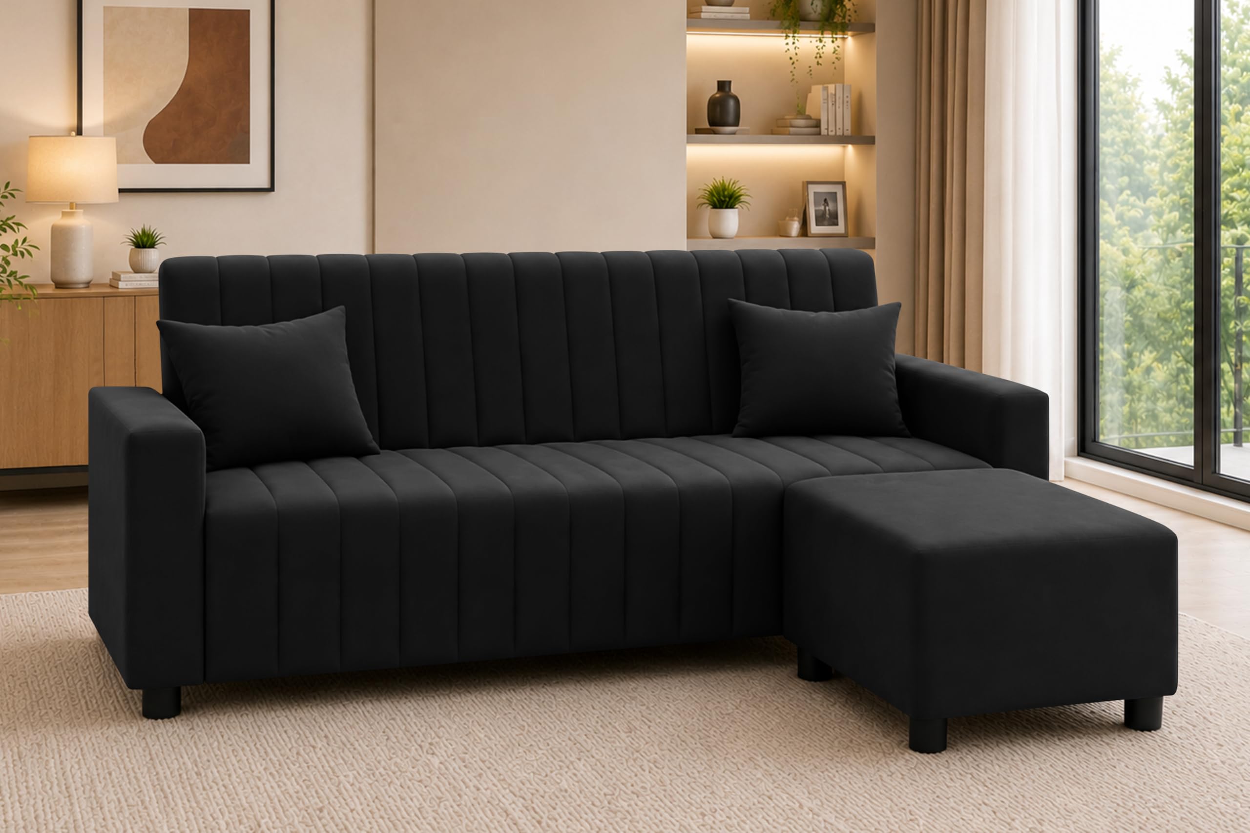 Rosebell Three Seater Sofa Set with Ottoman | Living Room Couch | with Cushions | Sofa for Home, Apartment & Office-Black Color