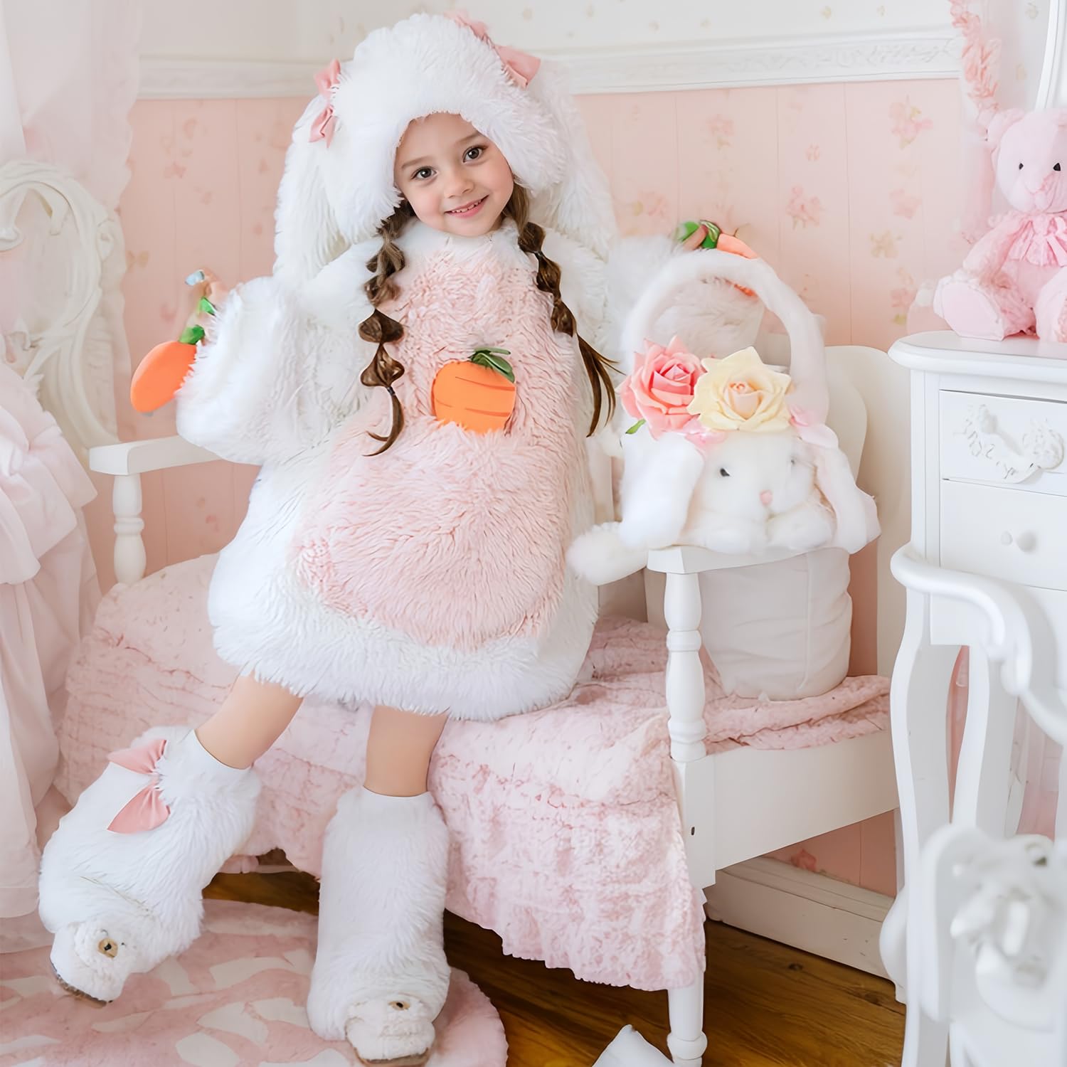 Easter Bunny Basket White Egg Hunting Storage - Easter Decorations for Kids Girls Women, Cosplay Party Supplies, Portable Gift Basket for Easter Egg Hunt Home Decor