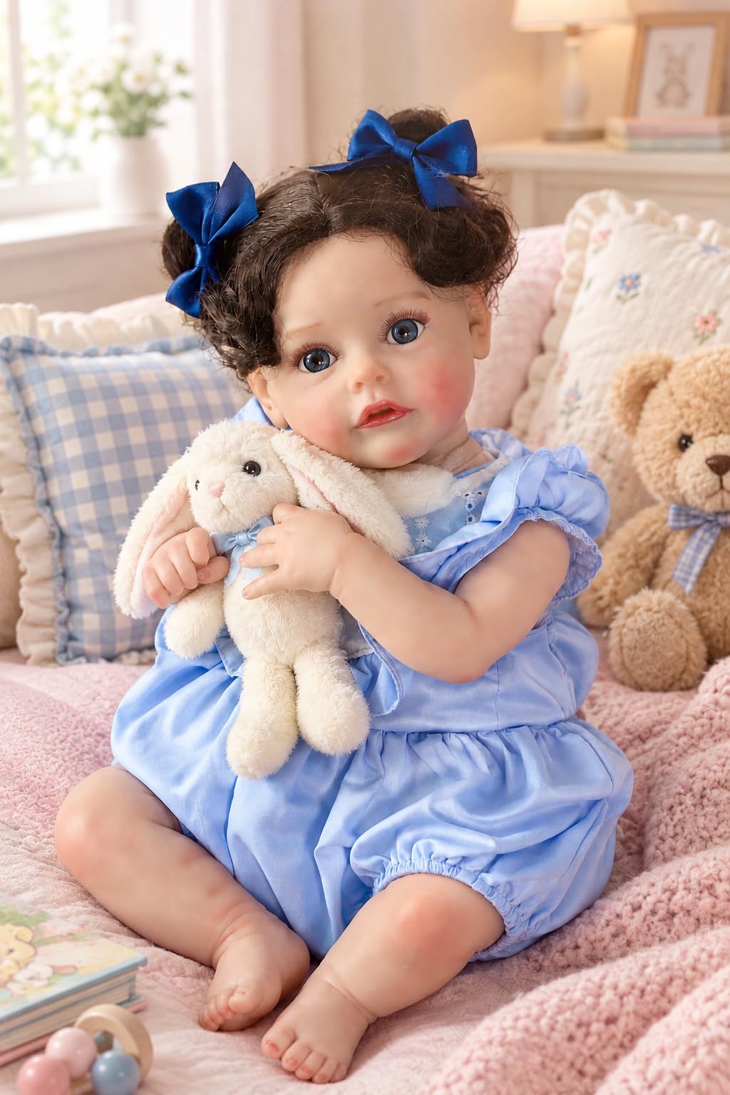 SCOM Reborn Baby Doll Girl, 18'' Soft Weighted Cloth Body, Hand-Rooted Hair, Vinyl Limbs, Fits 0-3Yrs Clothes, ASTM F963 & EN71, Bottle & Pacifier Gift Set