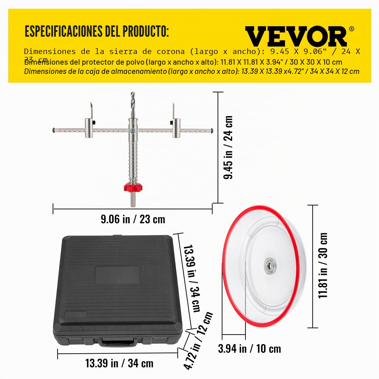 VEVOR Cortador de Sierra Perforadora Agujeros Redondos Diámetro Ajustable 40-200 mm Acero con Recoge Polvo