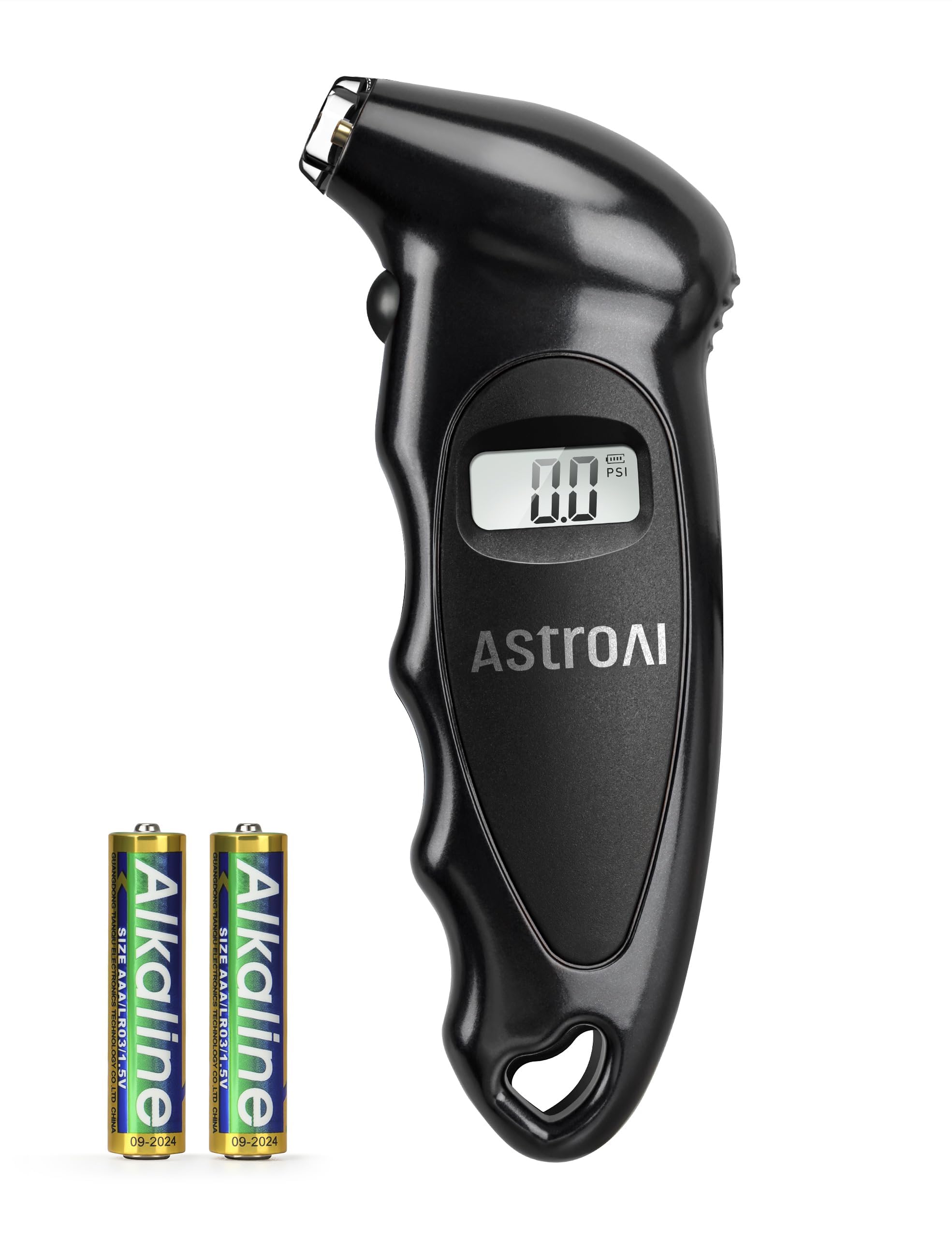 AstroAI Manómetro Digital de Neumáticos con Pilas AAA Reemplazables, 150 PSI 4 Ajustes Rellenos de Calcetines para Coche, Camión, Bicicleta, LCD Retroiluminado, Accesorios para Coches, Negro