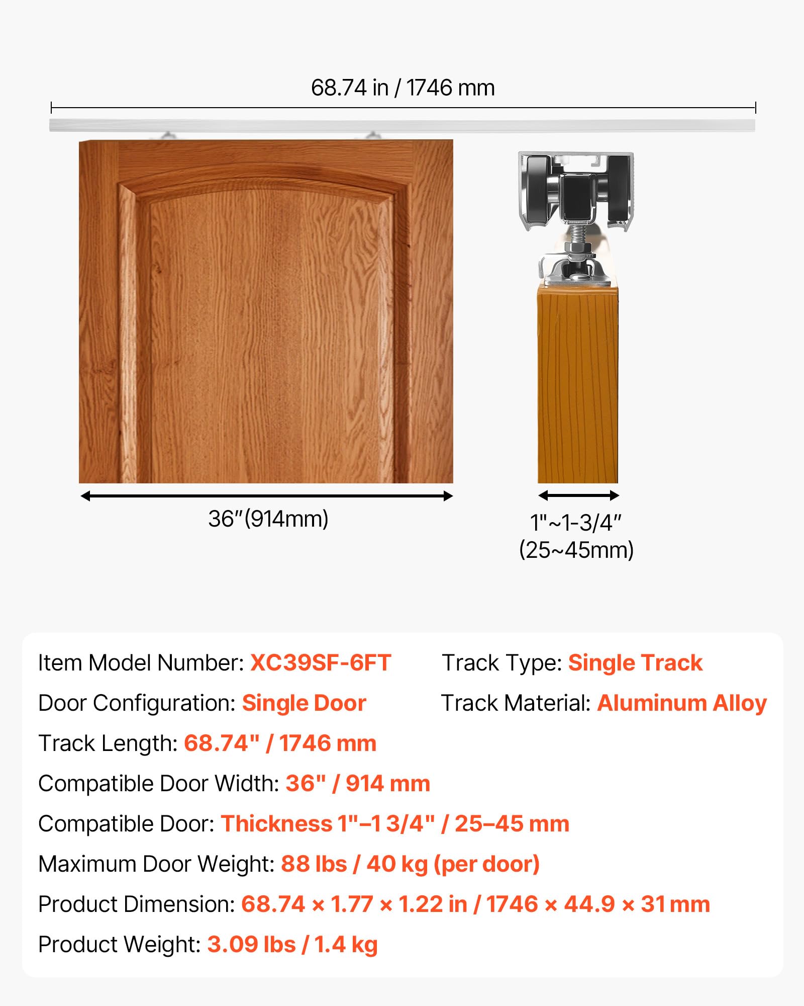 VEVOR Kit de Herrajes para Puerta Corrediza 174,6 cm, Herraje para Una Sola Puerta de 25-45 mm de Grosor y 914 mm de Ancho, Pista de Aleación de Aluminio, Deslizamiento Suave y Silencioso, Plata