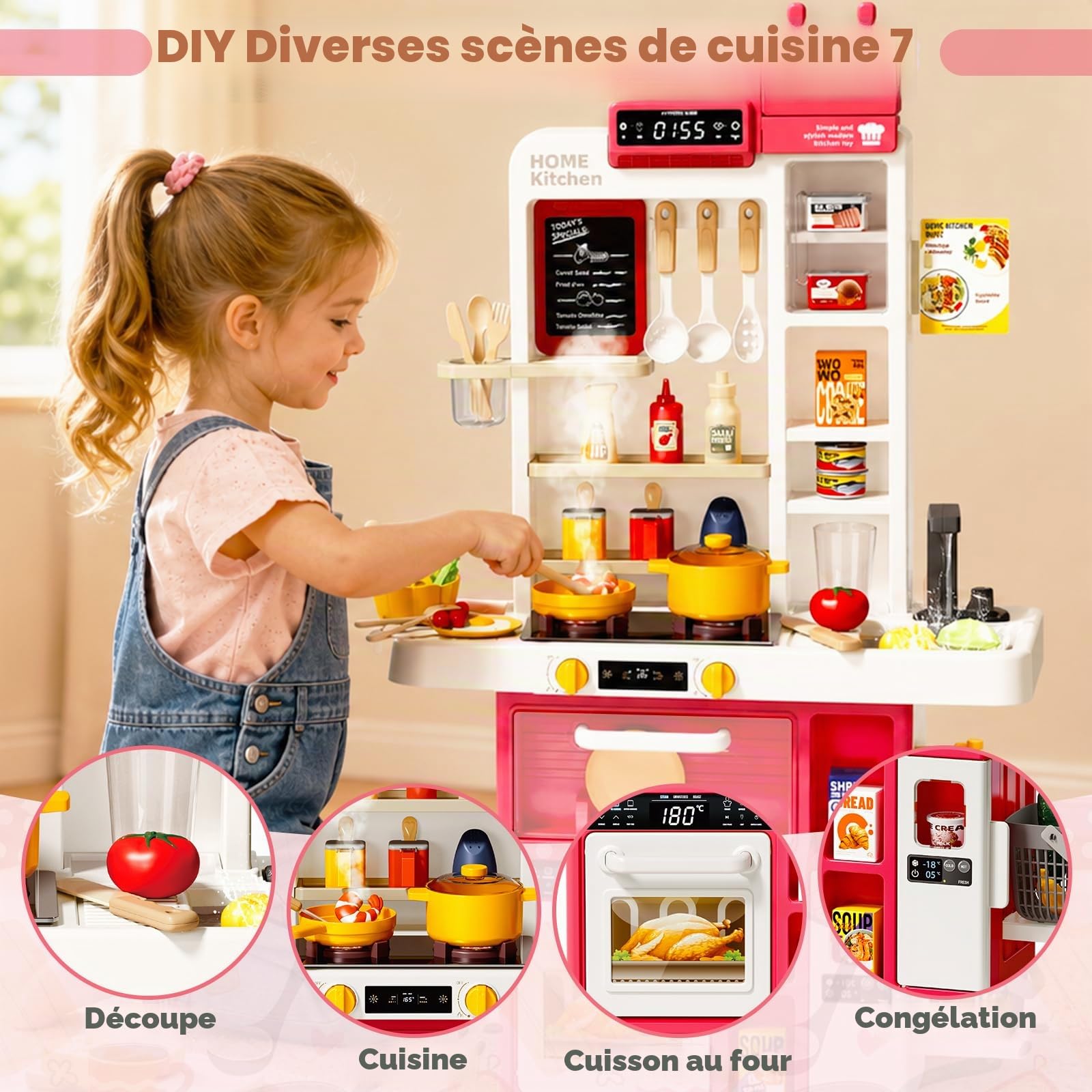 deAO Cuisine pour Enfants 69 Pièces avec Lumière, Son, Effet Flamme(Rouge)