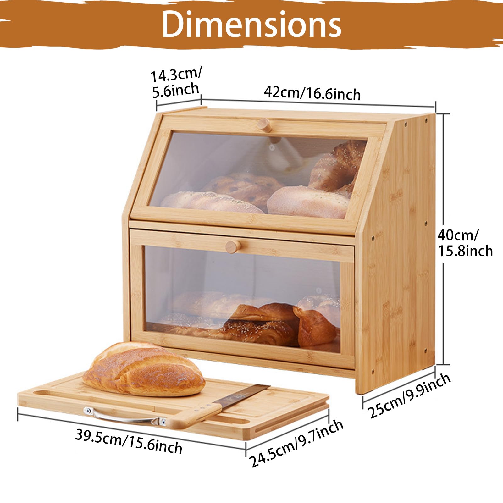 Dwupoziomowy chlebak bambusowy z deską do krojenia, akrylowym okienkiem otwieranym od przodu, oszczędzający miejsce w kuchni-Natural-A||L42xW25xH40cm-with Knife Only