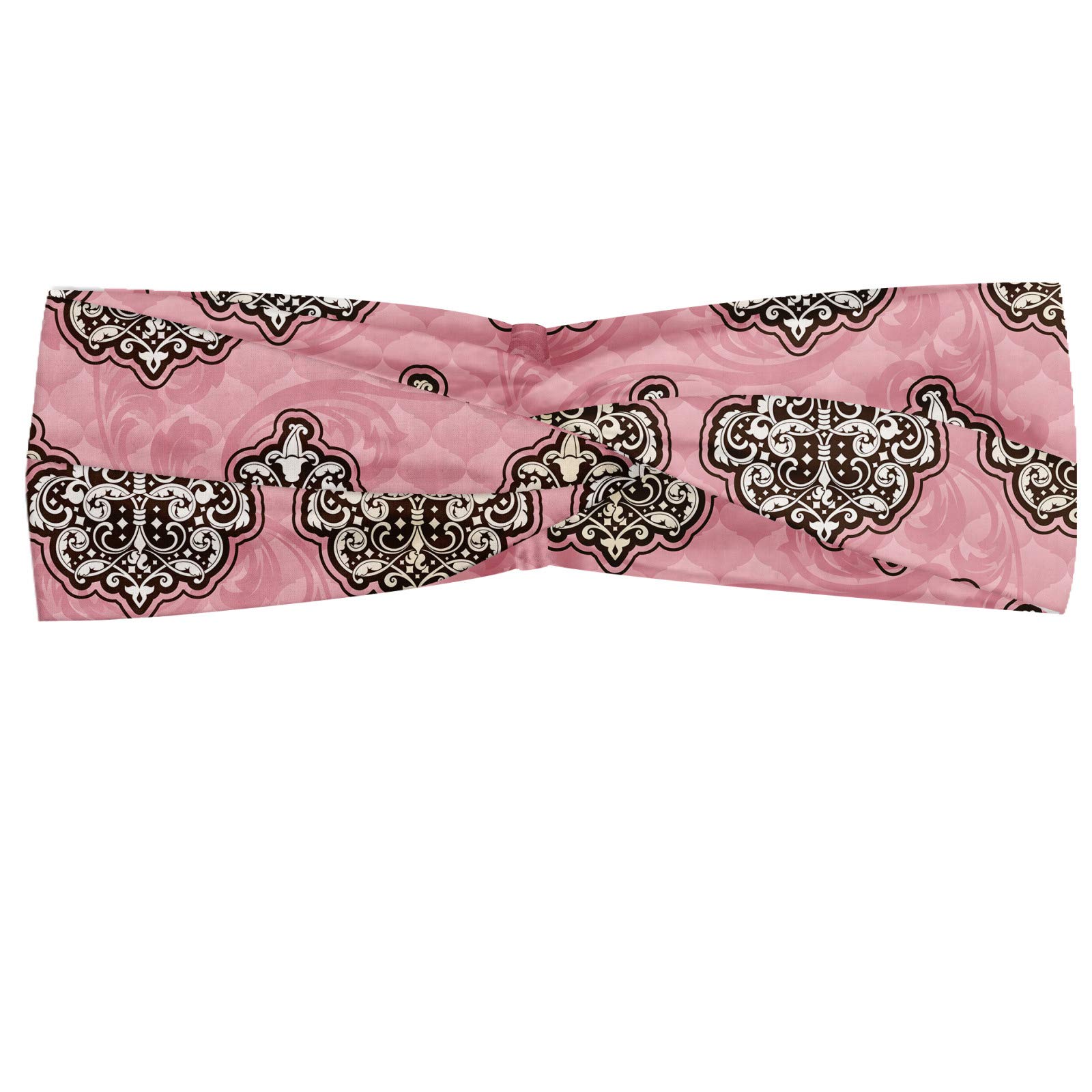 ABAKUHAUS Pink Damask Headband, Repeating Flowers Rococo Inspired Ornaments, Elastic and Soft Women's Bandana for Sports and Everyday Use, Pale Pink Beige