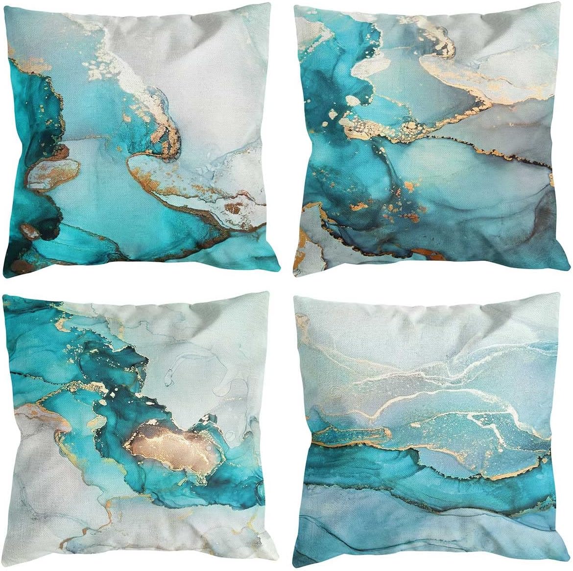 UIOIU Teal Pillow Cover 18x18 Set of 4 Turquoise and Gold Decorative Throw Pillow Cover Modern Marble Texture Pillow Case for Sofa Bed Couch Living Room Bedroom(UUBZT14)