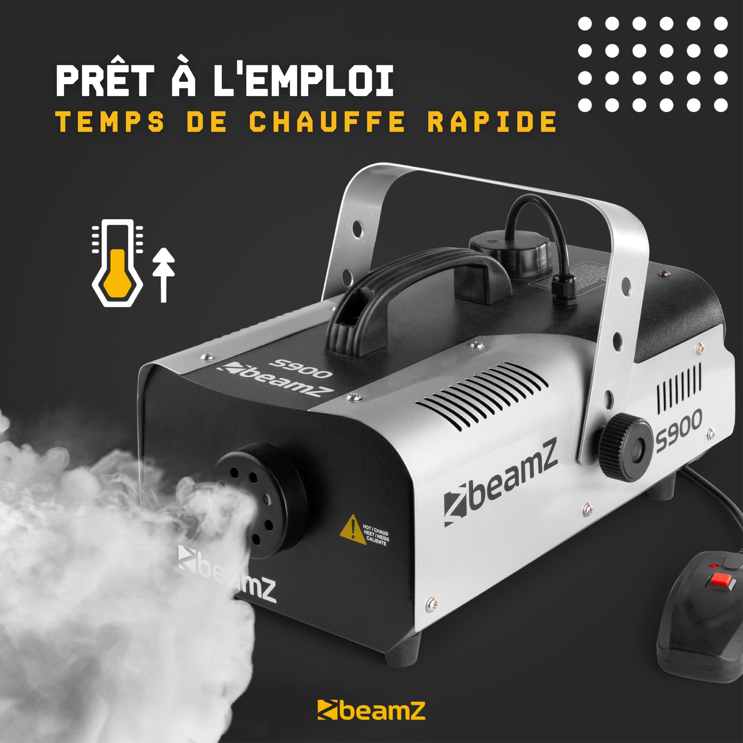 BeamZ S900 Machine à Fumée Solide et Portable, 900 Watts, Télécommande 3 m, Réservoir 1 L, Préchauffe Avant Utilisation : 3 minutes 30, Idéal pour votre Soirée avec des Jeux de Lumière