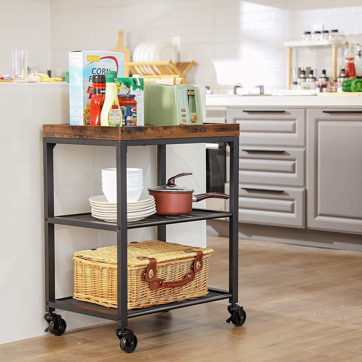 OGFC 45227 Bar Serving Cart Table Kitchen Wine Storage Cart with Wine Rack/Glass Holder, Serving Trolley with Lockable Wheels for Home/Pantry and Guest House, Black