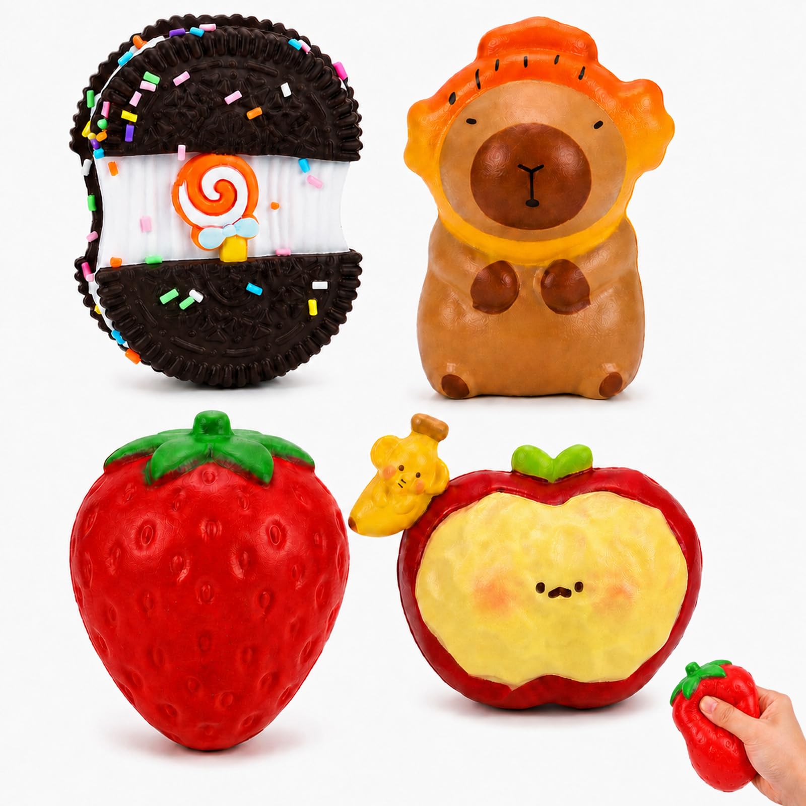 4 PCS Squishy Set, Capybara, Apple, Strawberry and Black Circle Squishy for Focus and Relaxation, Suitable for Office and Travel