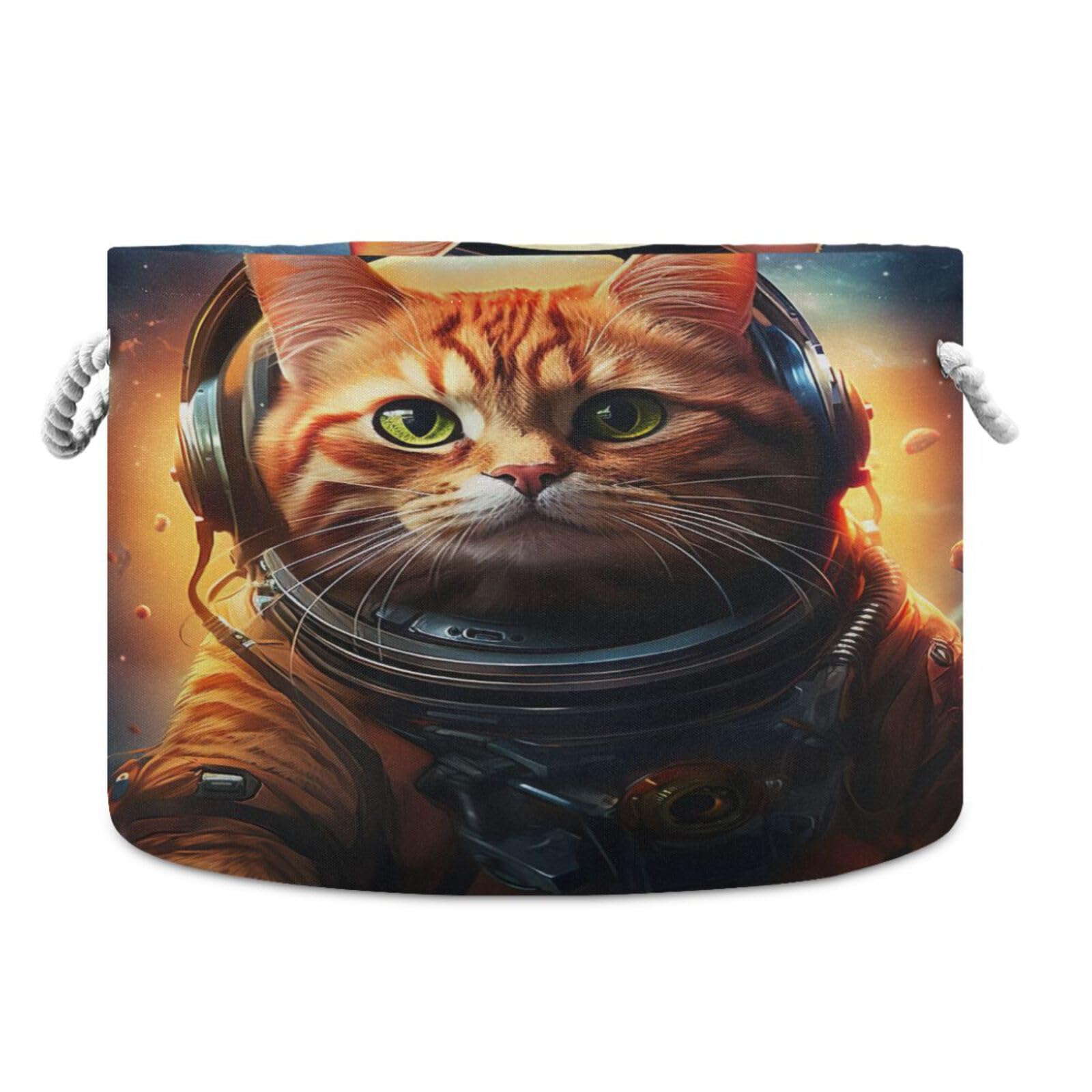 Round Space Astronaut Cat Funny Storage Basket Large Organizer Bin Laundry Hamper Toy Storage Basket with Handle for Nursery Clothes Toys 202b4762