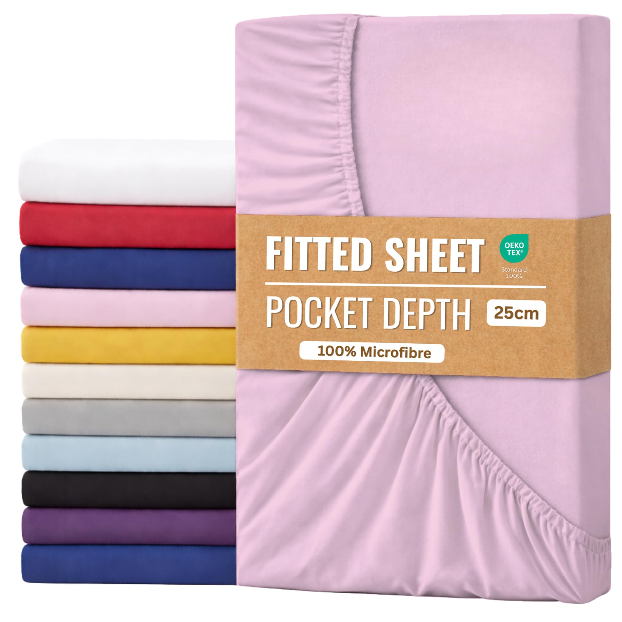 Fitted Sheet 25cm with Extra Deep Pockets - OEKO-TEX Certified Bed Sheet Single Size 90X190CM | Hotel Quality & Wrinkle Resistant | Brushed Microfibre Fitted Sheets (Pink)