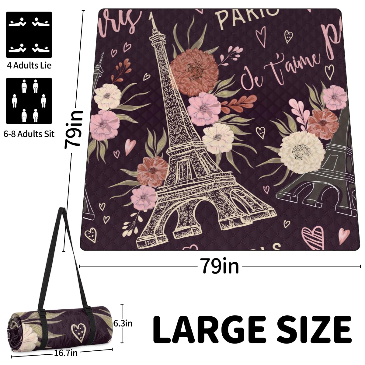 Shimoshe Extra Large Picnic Blankets 79”x 79”, Flower Eiffel Tower Waterproof Foldable Picnic Mat with Straps Portable Beach Blanket for Camping Park Grass Beach Indoor
