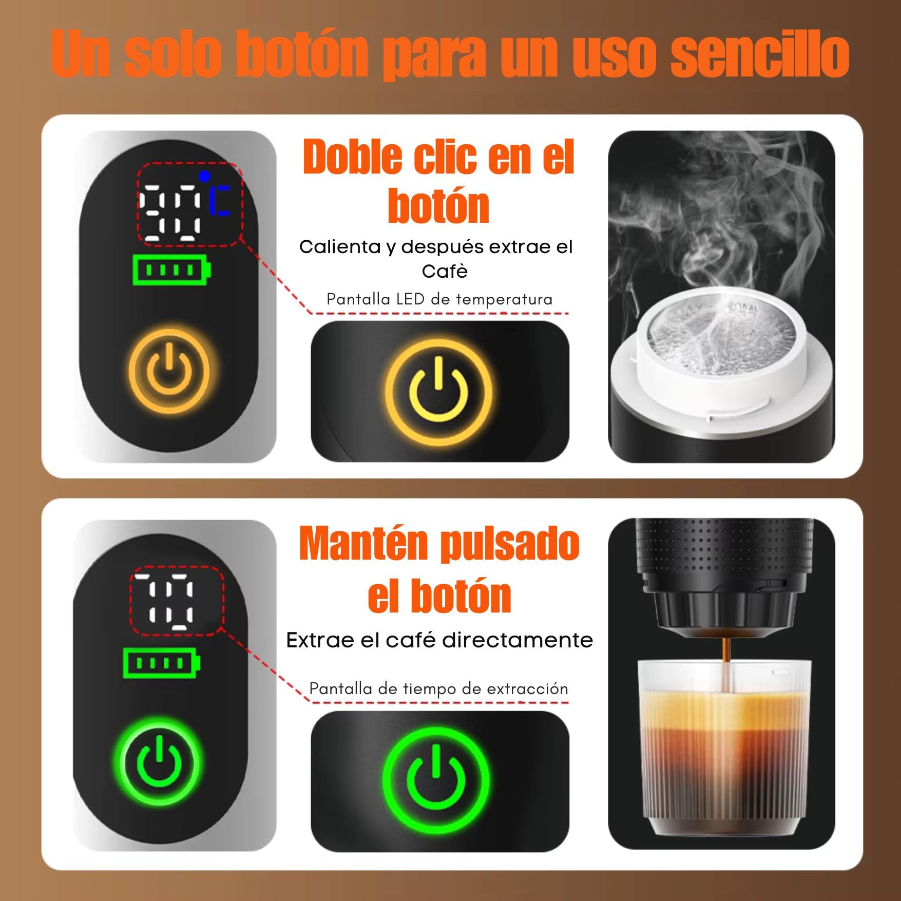 Kubiq Cafetera portátil espresso 20 bares con pantalla LED, Máquina de café 80 ml compatible con cápsulas y café molido, Carga USB-C para coche u oficina, Ideal para viaje, Presión profesional