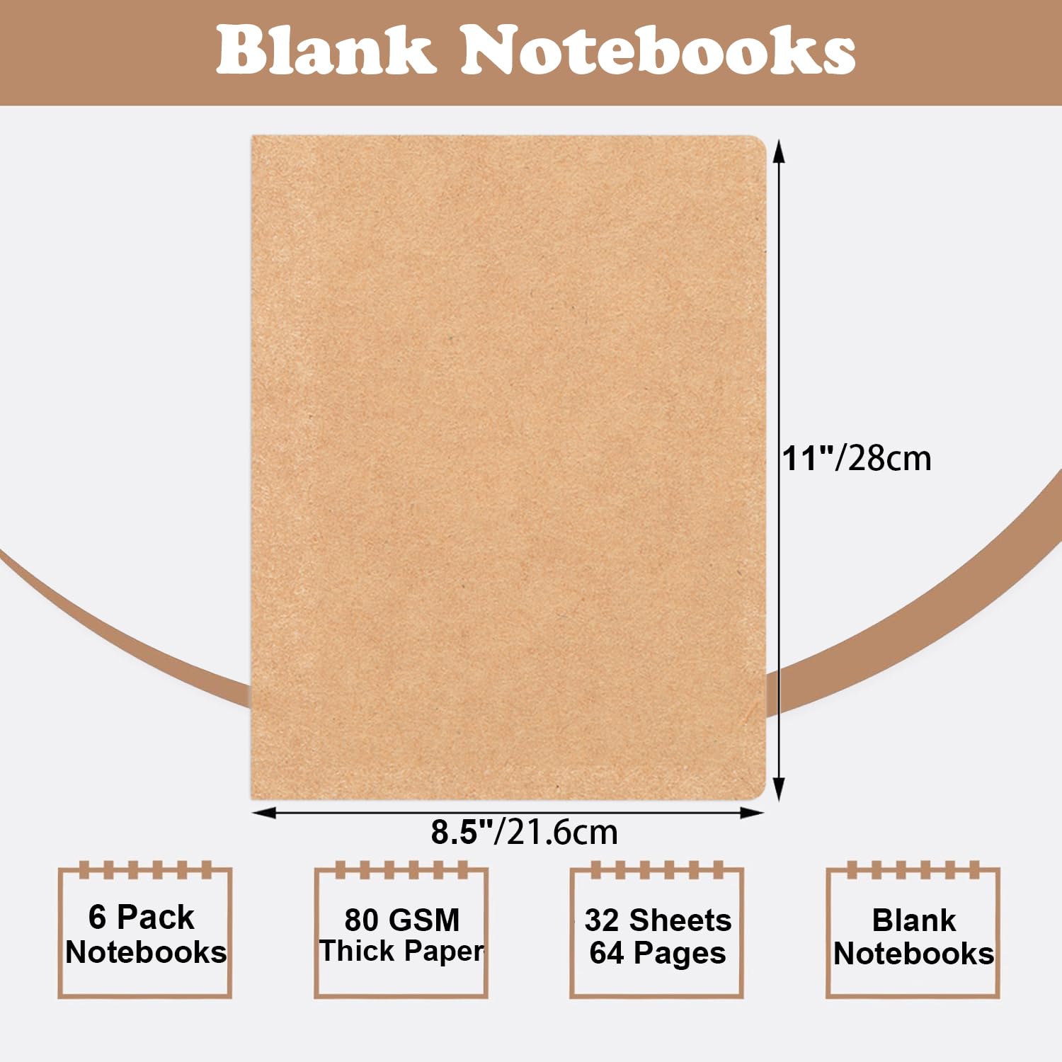 YBCPACK - Set di 6 quaderni vuoti A4, formato Kraft, 64 pagine (32 fogli), quaderno per appunti per ufficio, scuola e viaggi (21,6x28 cm)