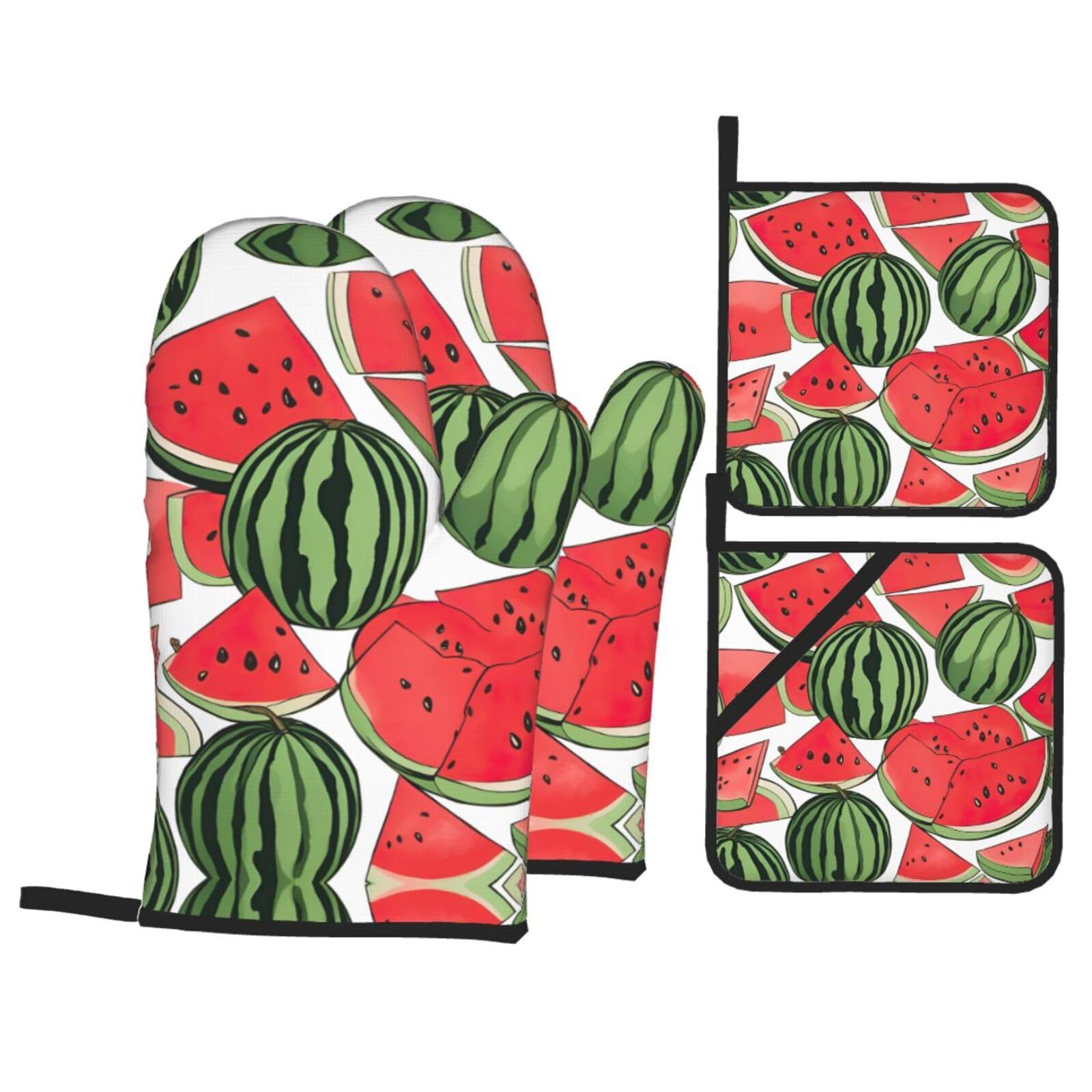 Red Watermelon Print Stylish 4-Piece Microwaving Oven Waterproof Kitchen Gloves Baking Holiday Cooking