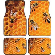 Bees on Hive Honeycomb Print Car Floor Mats Universal All Weather Waterproof Floor Mats for Cars Full Set Fit Cars Trucks Vans SUV Sedans Set of 4pcs