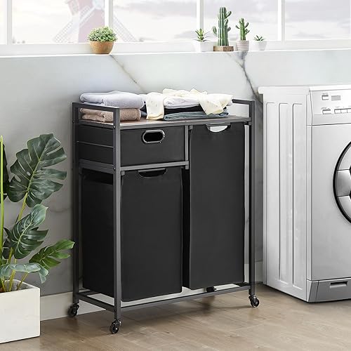 Miniatura 7 de Zevemomo Cesta de lavandería grande rústica marrón y negro con ruedas, 3 compartimentos, capacidad de 60 L, montaje en el suelo, lavadero y baño