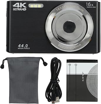 Digital Camera, 16X Zoom 4K 44MP HD Camera 2.8in Screen Shockproof Vlogging Camera Portable Mini Camera Compact Camera for Photography Black