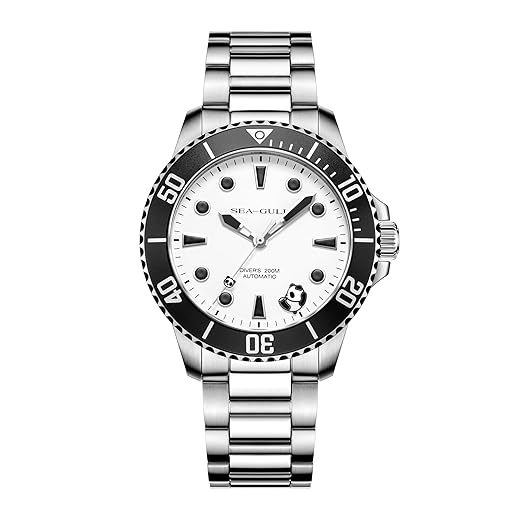 SEA-GULL Relógio masculino de mergulho automático - relógio mecânico resistente à água 200 m, cristal de safira, pulseira de aço inoxidável 316L, 6203, Branco, pulseira