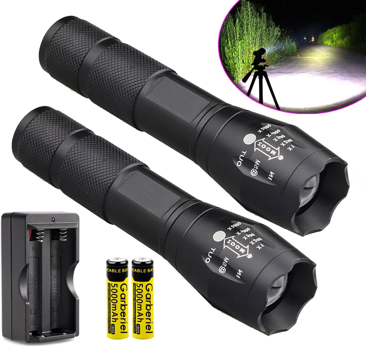 WishDeal 2 Pack T6 LED Flashlight Torch Adjustable Focus Zoomable Flashlight + 2 x 18650 Batteries + Charger