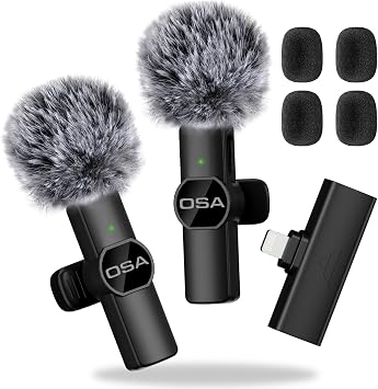 OSA Lavalier Wireless Microphone for iPhone and iPad, 2 Pack Mobile Microphone Mini Lapel Mic with DSP Noise Cancelling, 65ft Range, for Video Recording, Interview, Vlog for iPhone 14 and Below