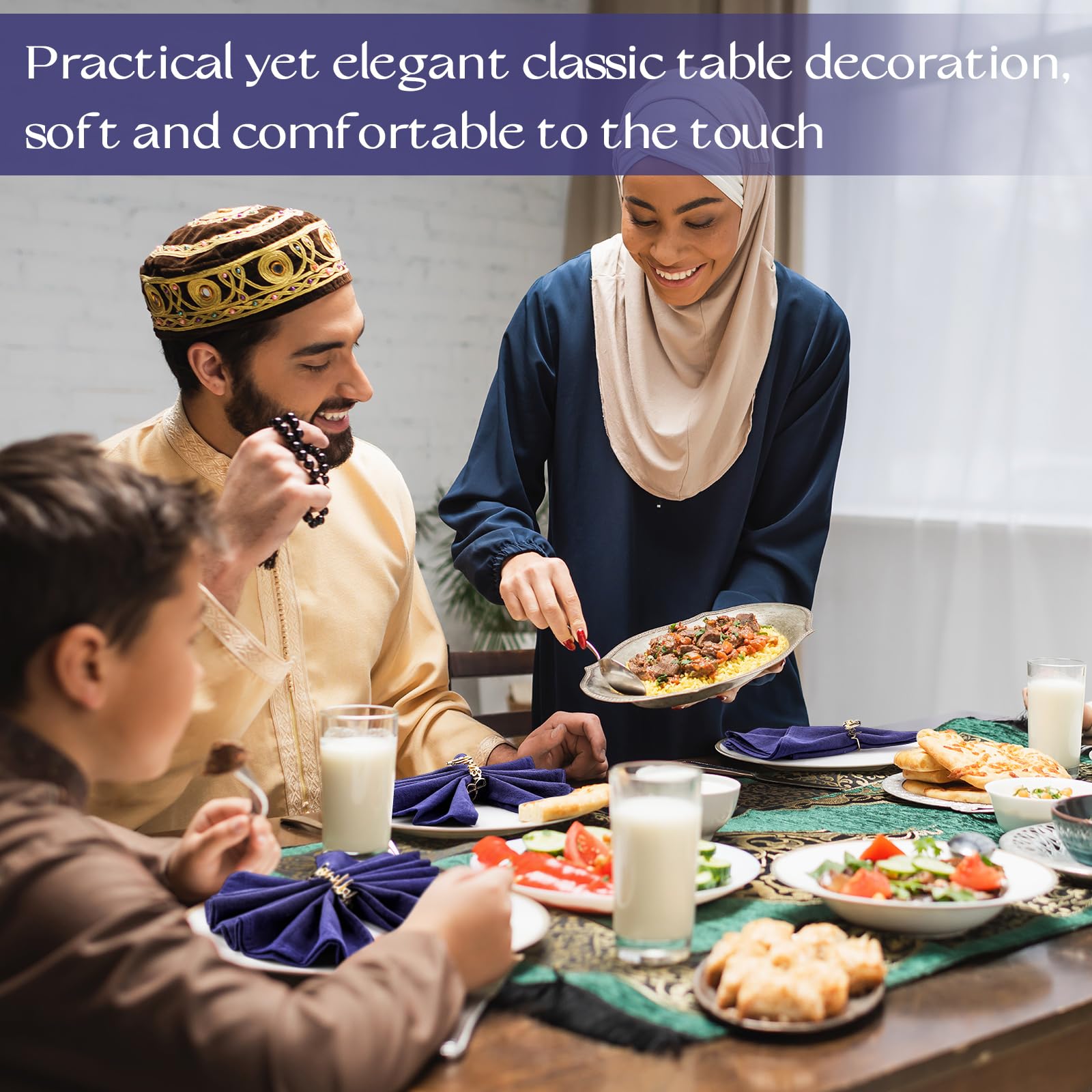 Juego de 6 servilleteros dorados y servilletas de algodón con letras de Bismillah, servilletas de metal, servilletas de tela de cena Eid, decoración de mesa musulmana para fiesta de