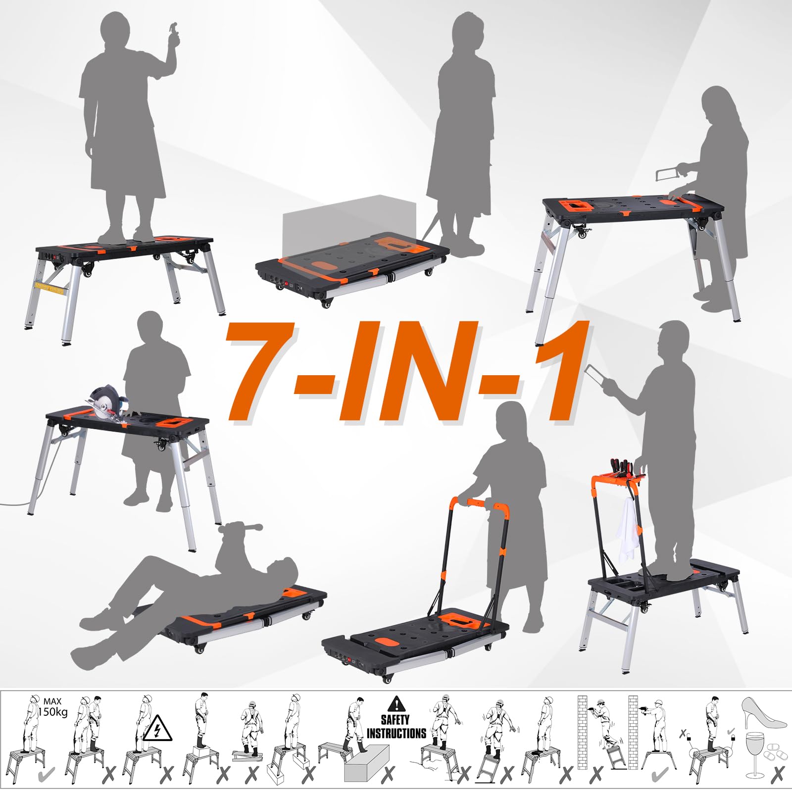 TLGREEN 7 in1 Klappbare Werkbank höhenverstellbar,Tragbare Werkbank Mobil,Arbeitstisch Klappbar,100-200kg Tragkraft,Multifunktionstisch mit 4 pcs Rollen,Werktisch Spanntisch für Werkstatt,Haus,Büro