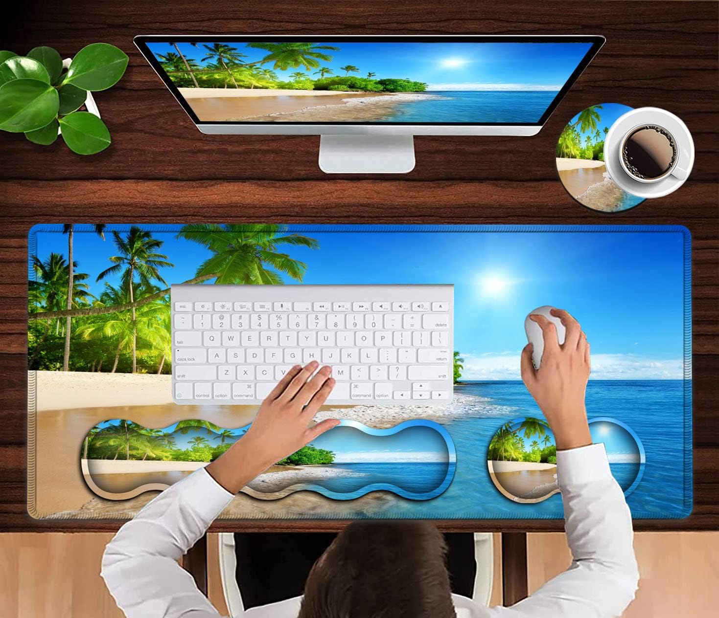 Office Desk Pad, Large Mouse Pad(31.5" x 11.8") Laptop Desk Table Protector Extended Writing Mat, Ergonomic Memory Foam Keyboard Wrist Rest Support,Tropical Palm Sea Beach View Gaming Mouse Pad Set