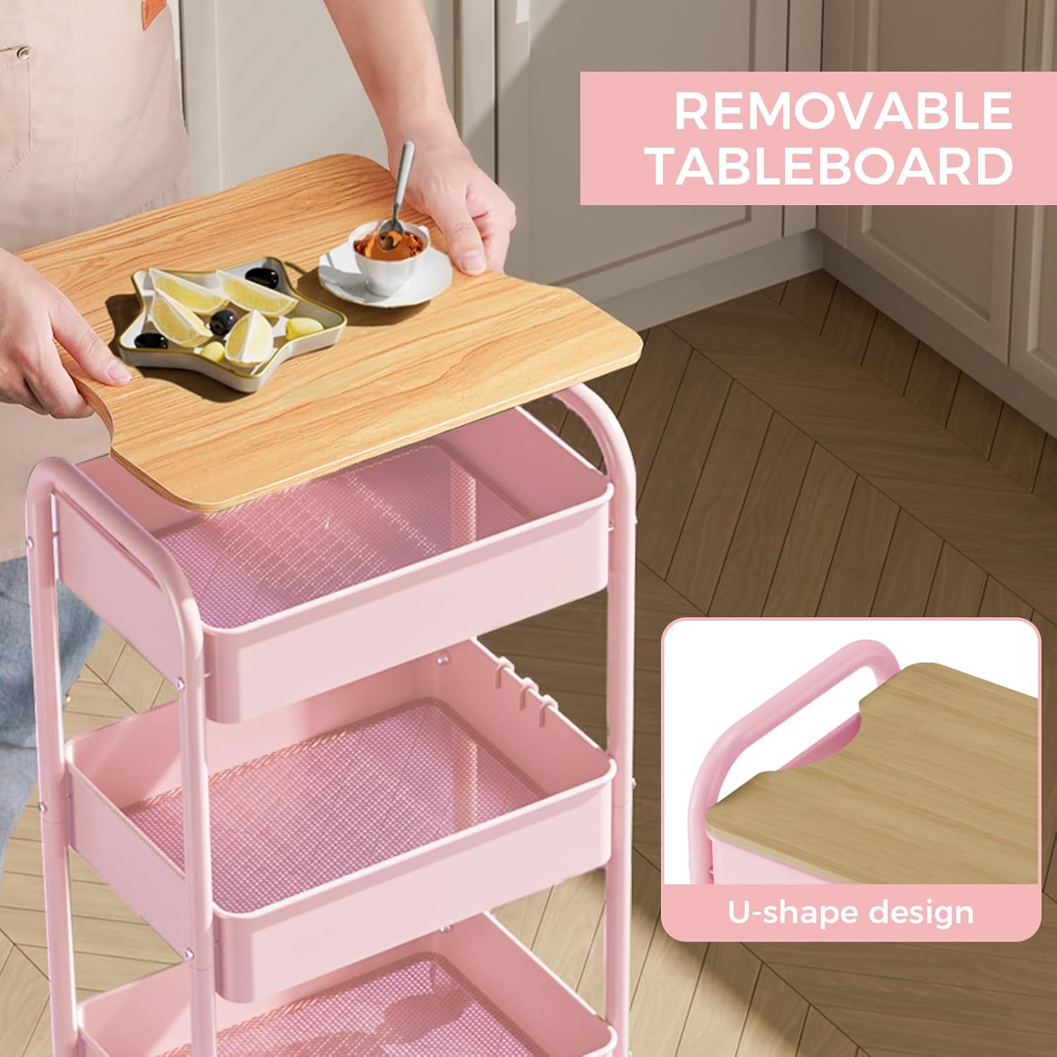 Hands removing a wooden tabletop from the utility cart