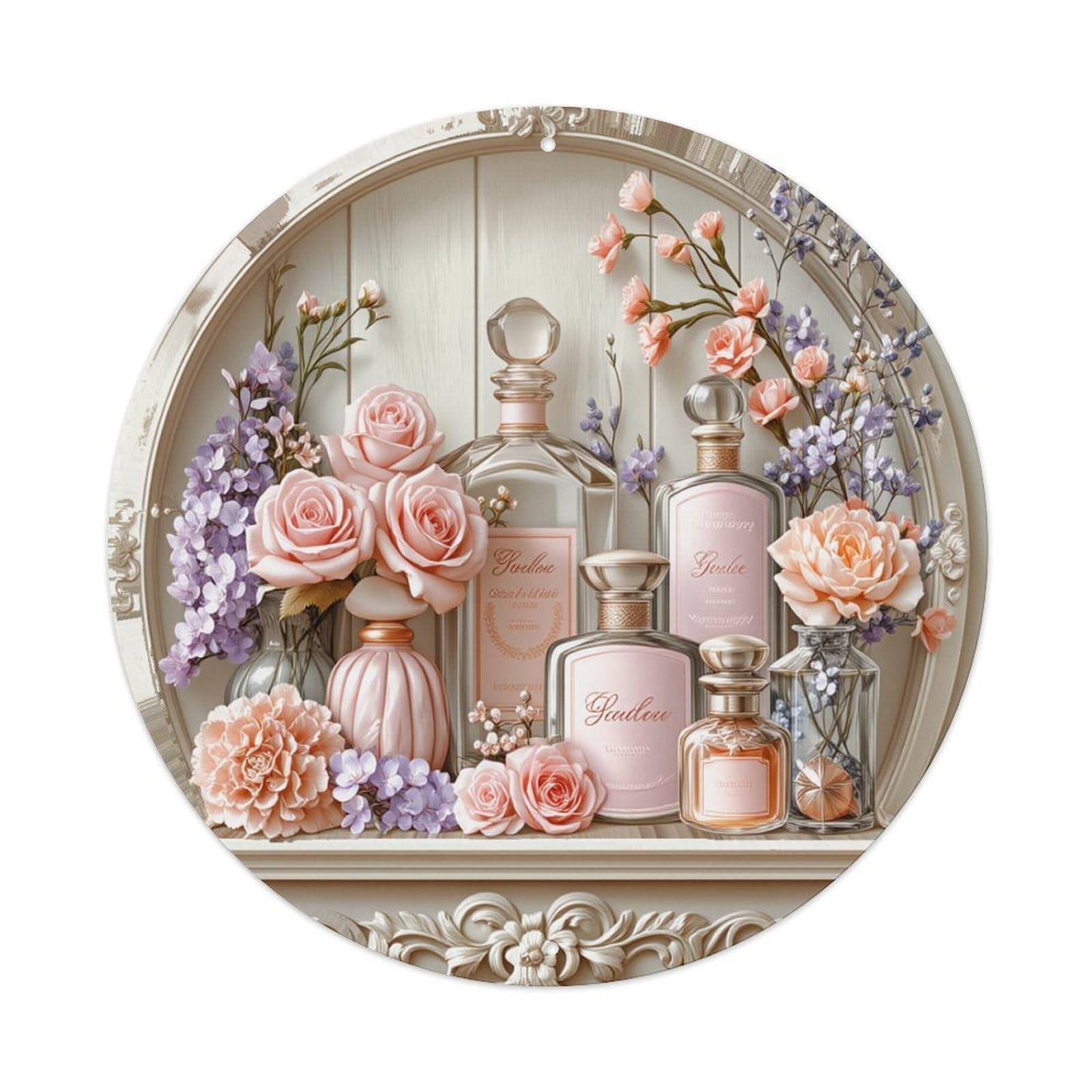 Floral Pattern With Roses And Lavender Round Tin Sign Retro Metal Sign for Cafe Bar Pub Home Game Room Gym Club Wall Decoration Vintage Metal Poster 8x8 Inch